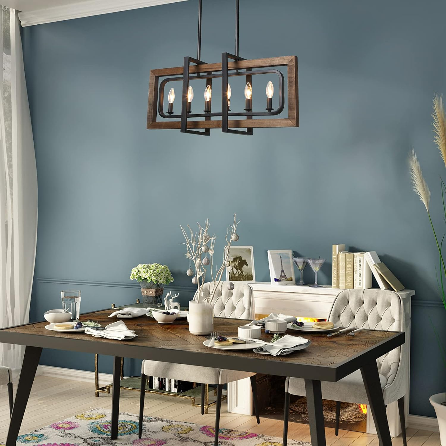 LNC Modern Farmhouse 6-Light Wood Chandelier Rectangle Island Lights for Dining Room - W31.5" X E8.7" X H13.8"
