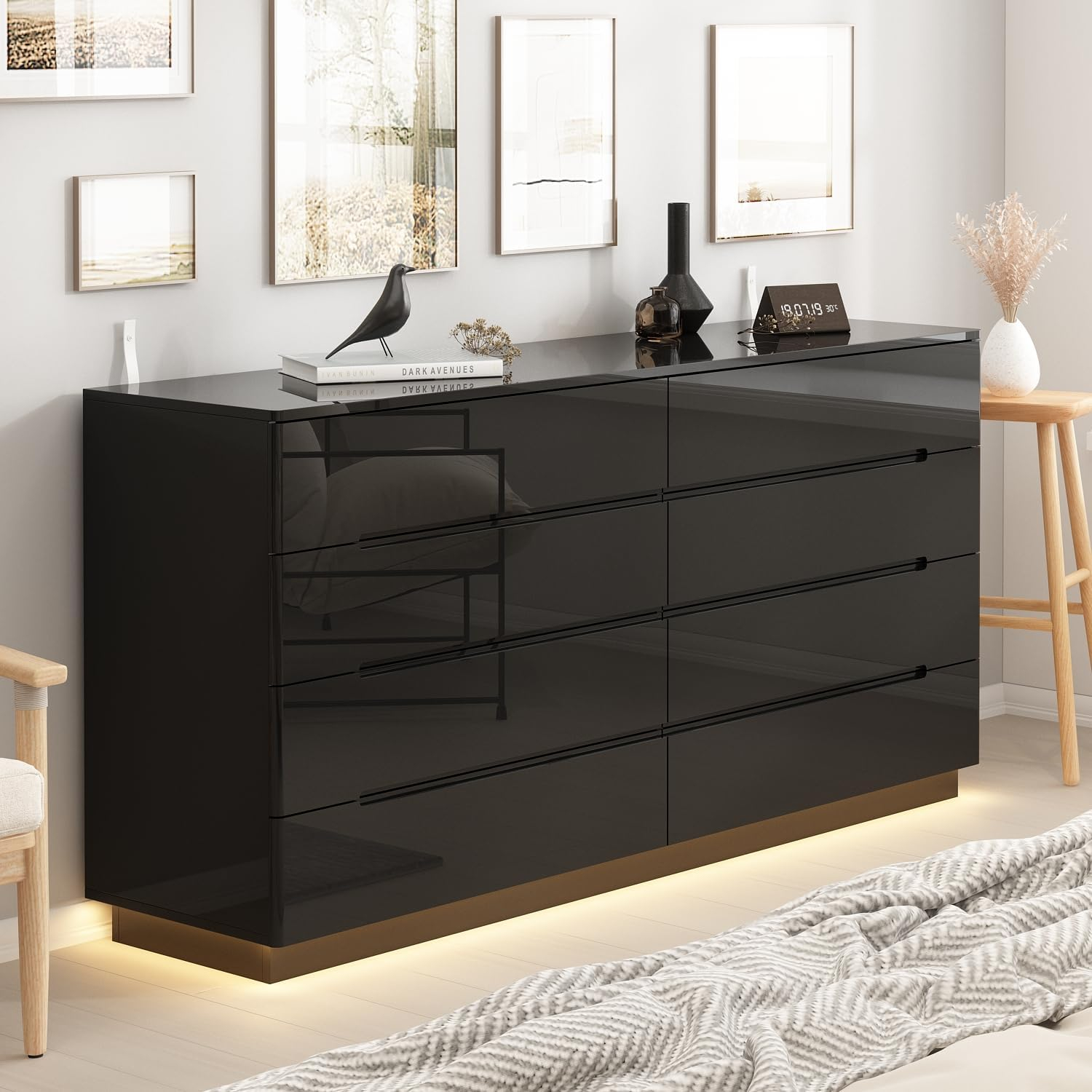 Black 8-Drawer 63 in. W Wood Double Dresser Chest of Drawers Bedroom Storage Organizer in With High Gloss and LED Lights