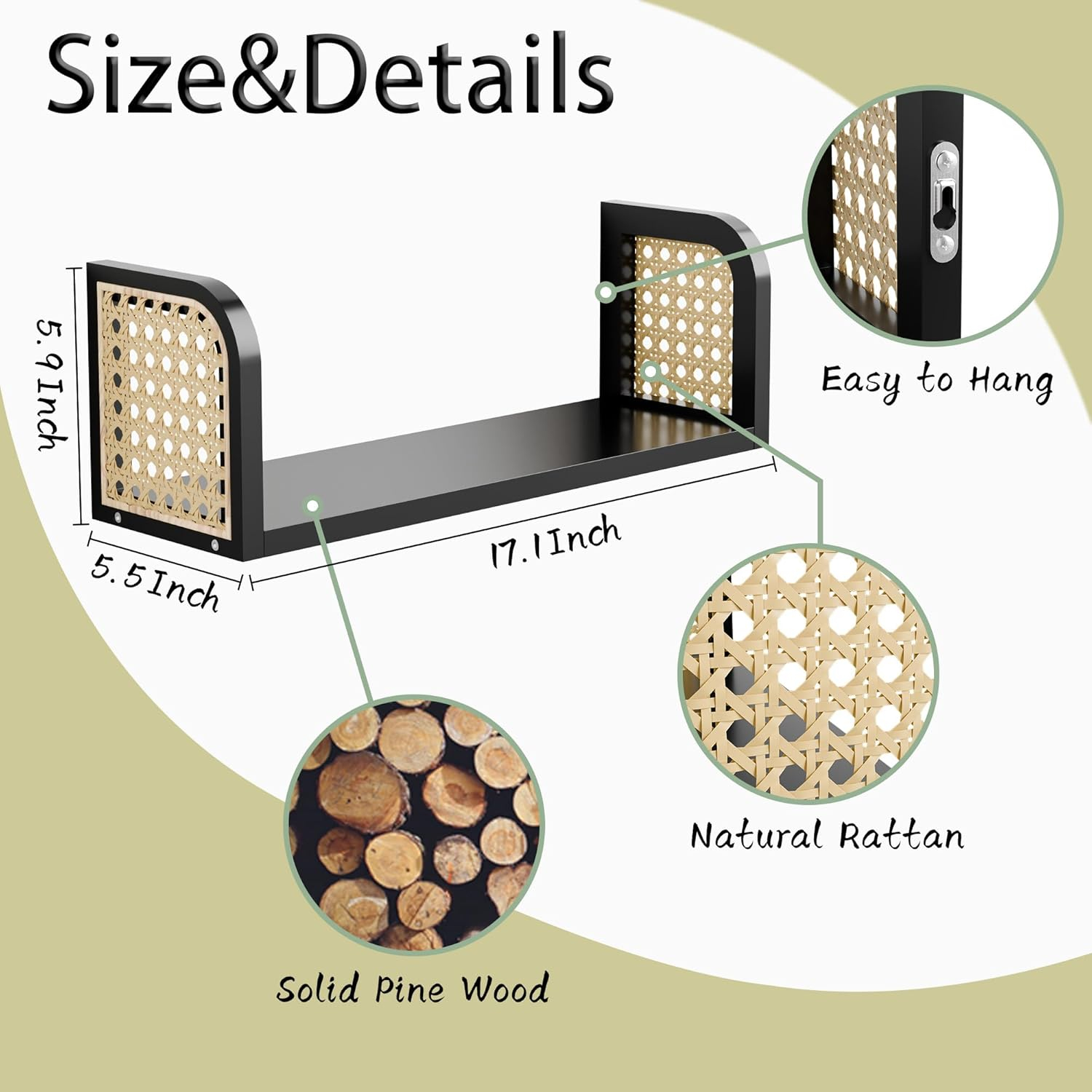 Black Rattan Wall Shelf, Hanging Book Shelves for Wall, Decorative Shelves for Natural Nursery Decor, Picture Ledge Shelves, Wall Mail Organizer, Floating Rattan Shelf for Office, Bedroom,Bathroom