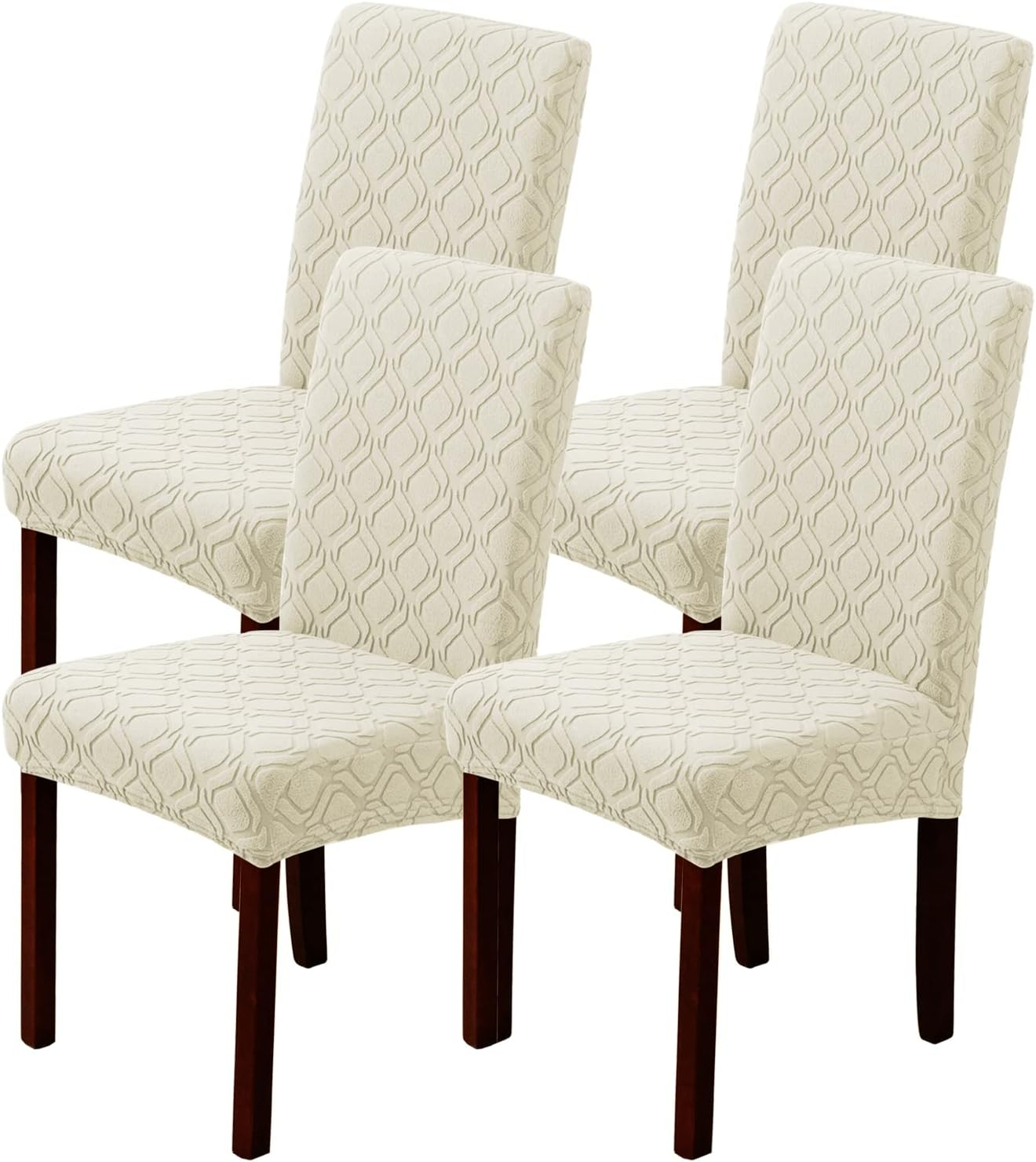 Beige Stretch Jacquard Dining Chair Covers, Set of 4