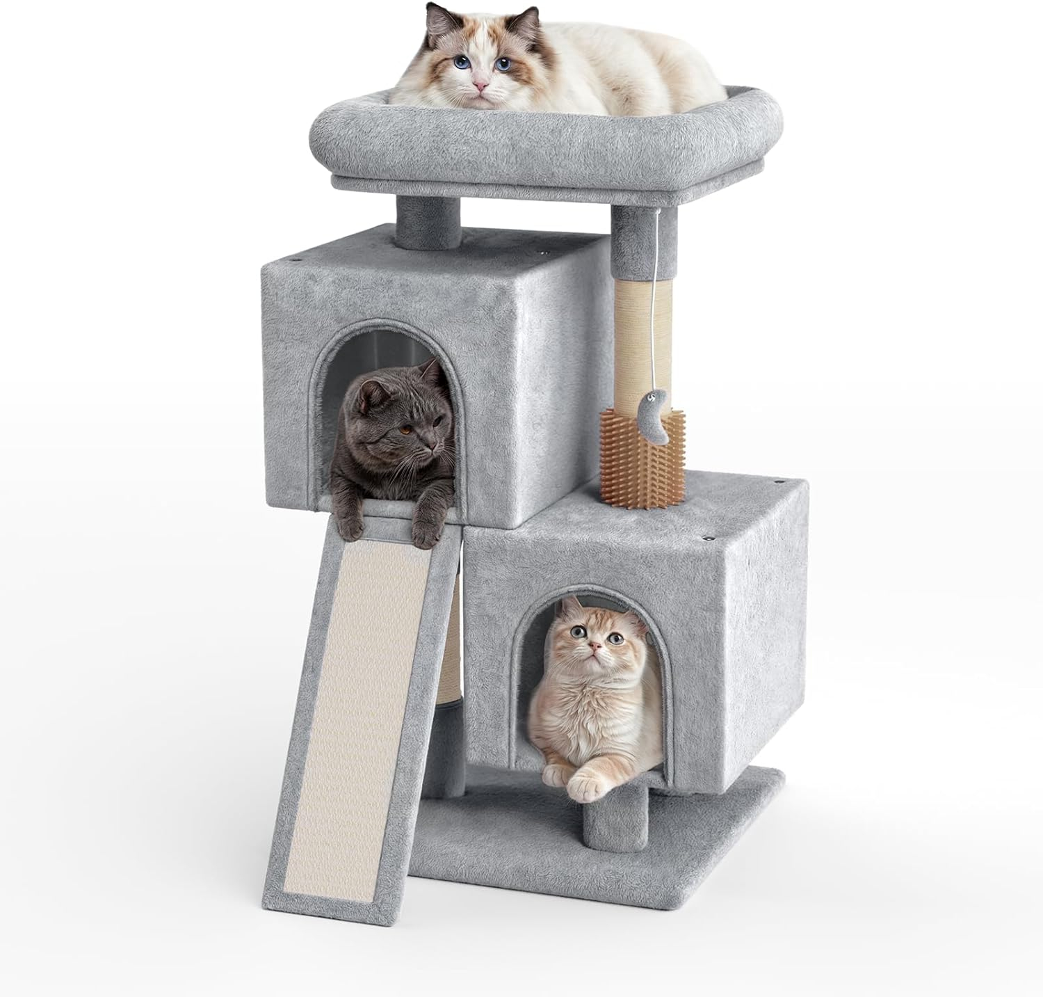 Magshion 34-in Cat Tree & Kittens Play House, Double Level Plush Cat Condo for Indoor Cats, Light Gray