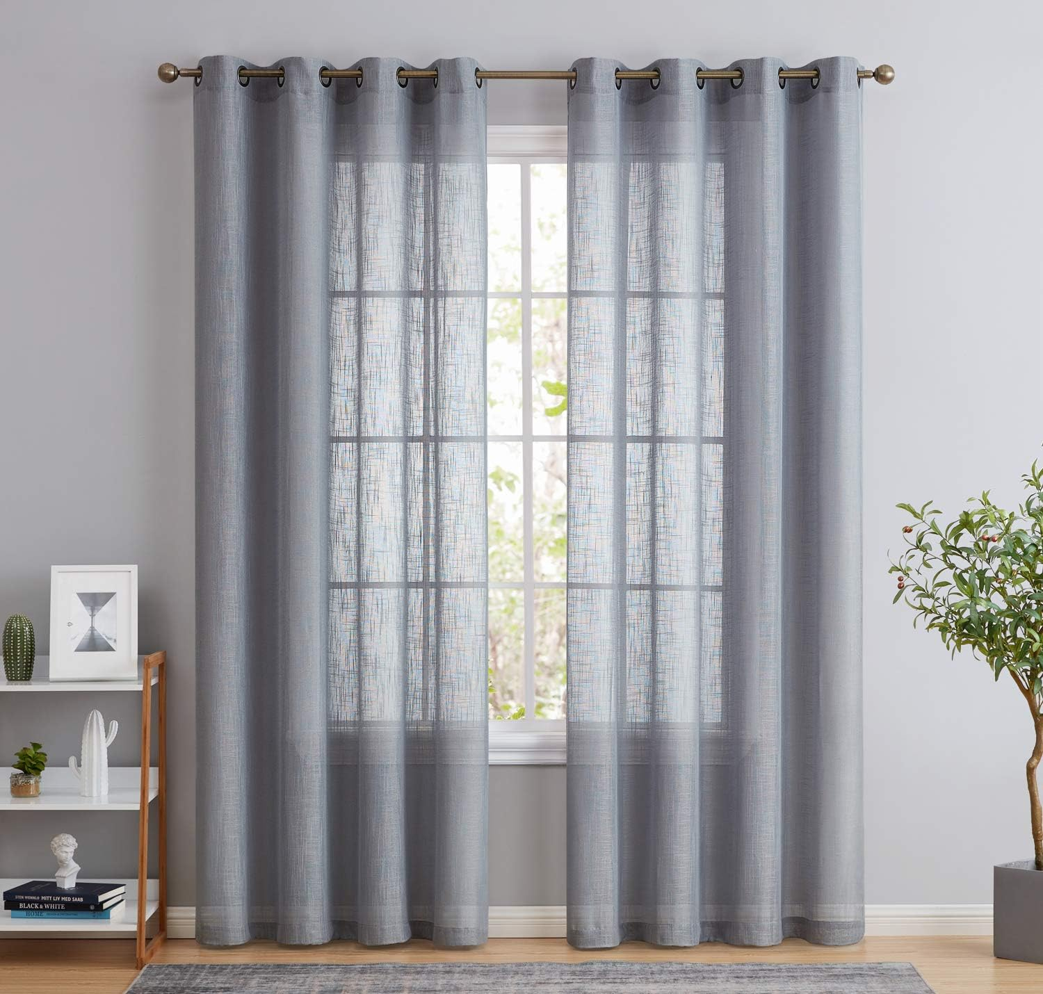 THD Serena Faux Linen Textured Semi Sheer Transparent Window Grommet Long Thick Curtain Panels, Pair