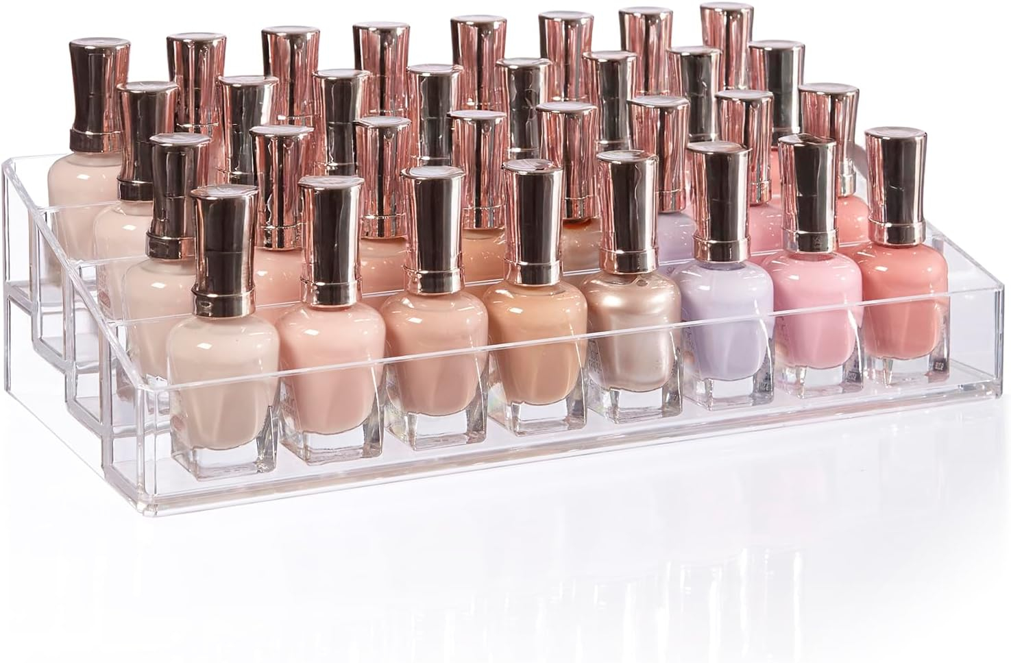 STORi Multi-Level Nail Polish Bottle Holder | Clear Plastic Organizer Rack for up to 40 Nail Polish Bottles, Rectangular 4 Tiered Vanity Display Stand for Makeup and Eyeshadow Palettes | Made in USA
