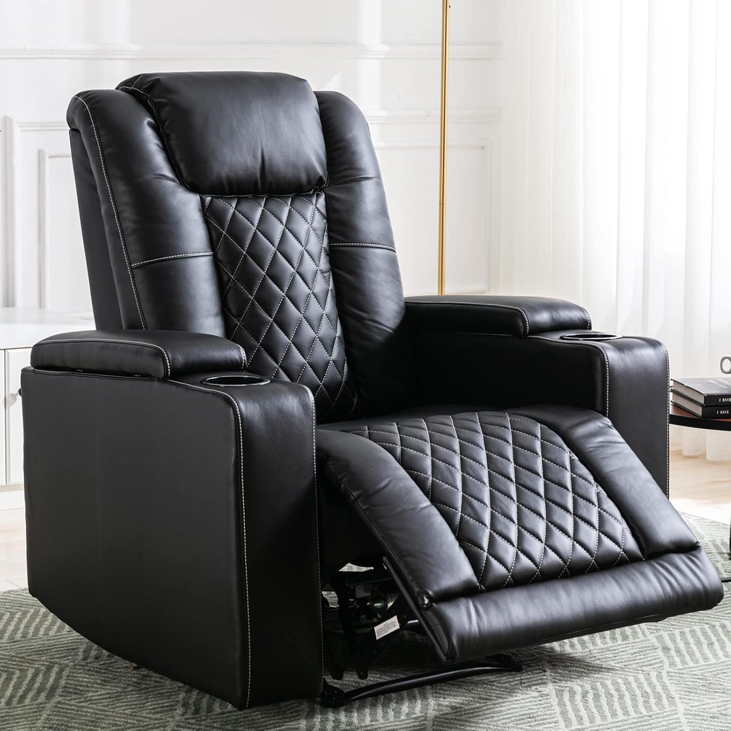 Bonzy Home Electric Power Recliner Chair Soft Air Breathable Leather Reclining for Adults with USB Ports and Cup Holders, Black Home Theater Seating with Hidden Arm Storage Movie & Media Room Chairs