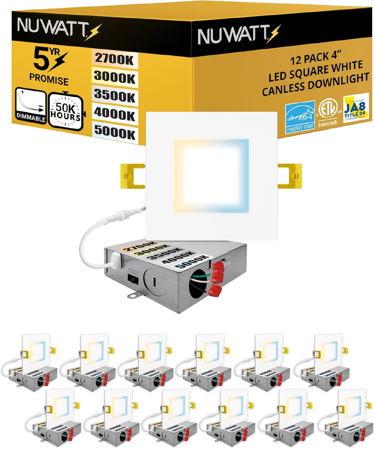 4 in. Slim Canless Square LED Recessed Light 12W 5CCT Dimmable IC Rated 550LM Black Trim 12PK
