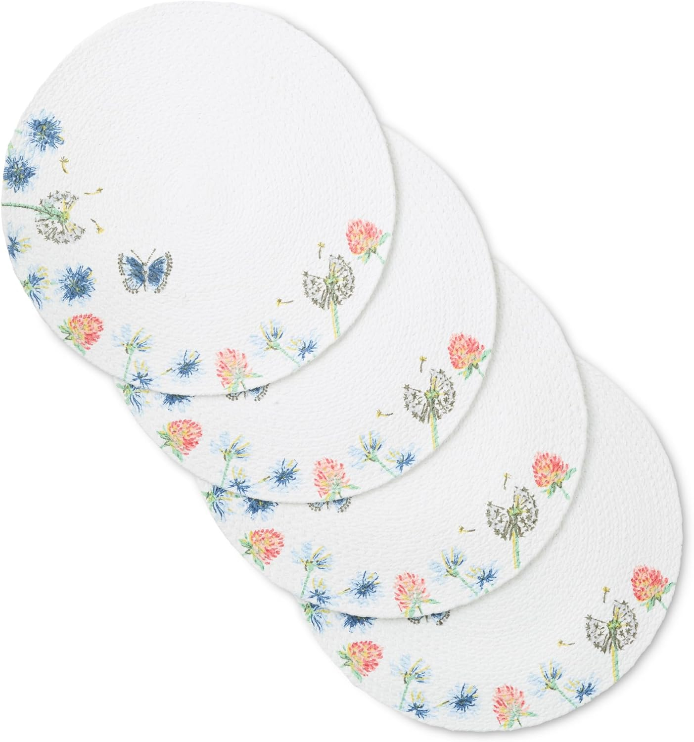 Handwoven Cotton Floral Round Placemats Set in White, Blue, and Pink