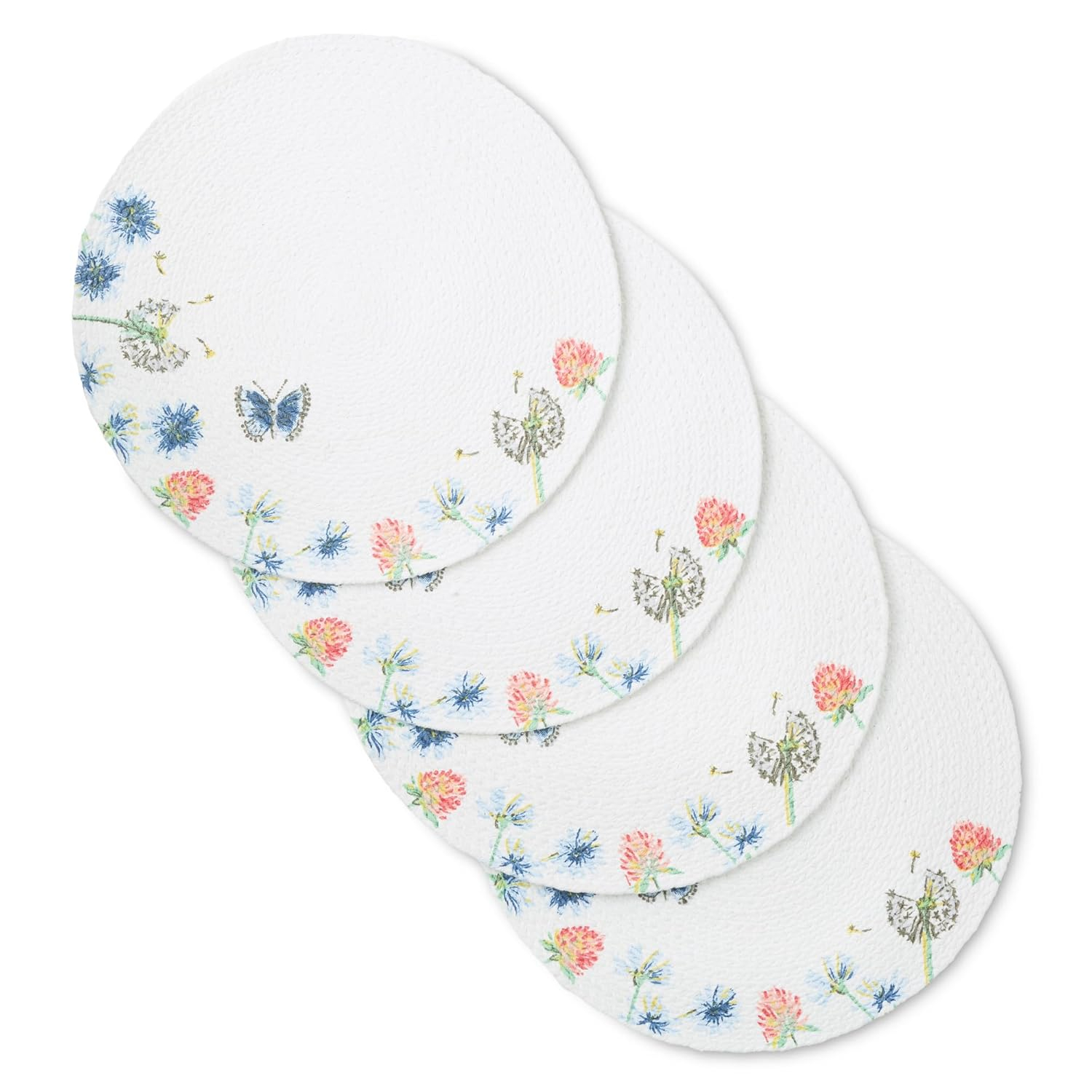 Handwoven Cotton Floral Round Placemats Set in White, Blue, and Pink