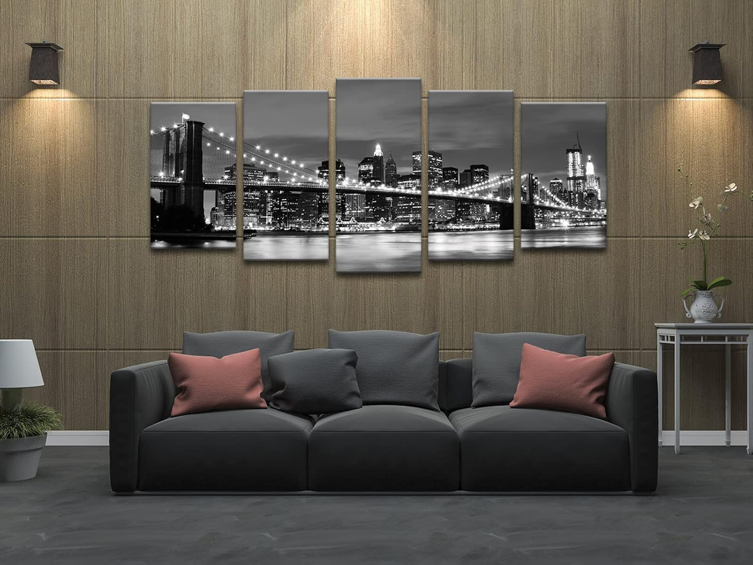 Wieco Art Large Brooklyn Bridge Night View Modern Giclee Canvas Prints Artwork Landscape Pictures to Photo Paintings on Stretched and Framed Canvas Wall Art for Home Decorations