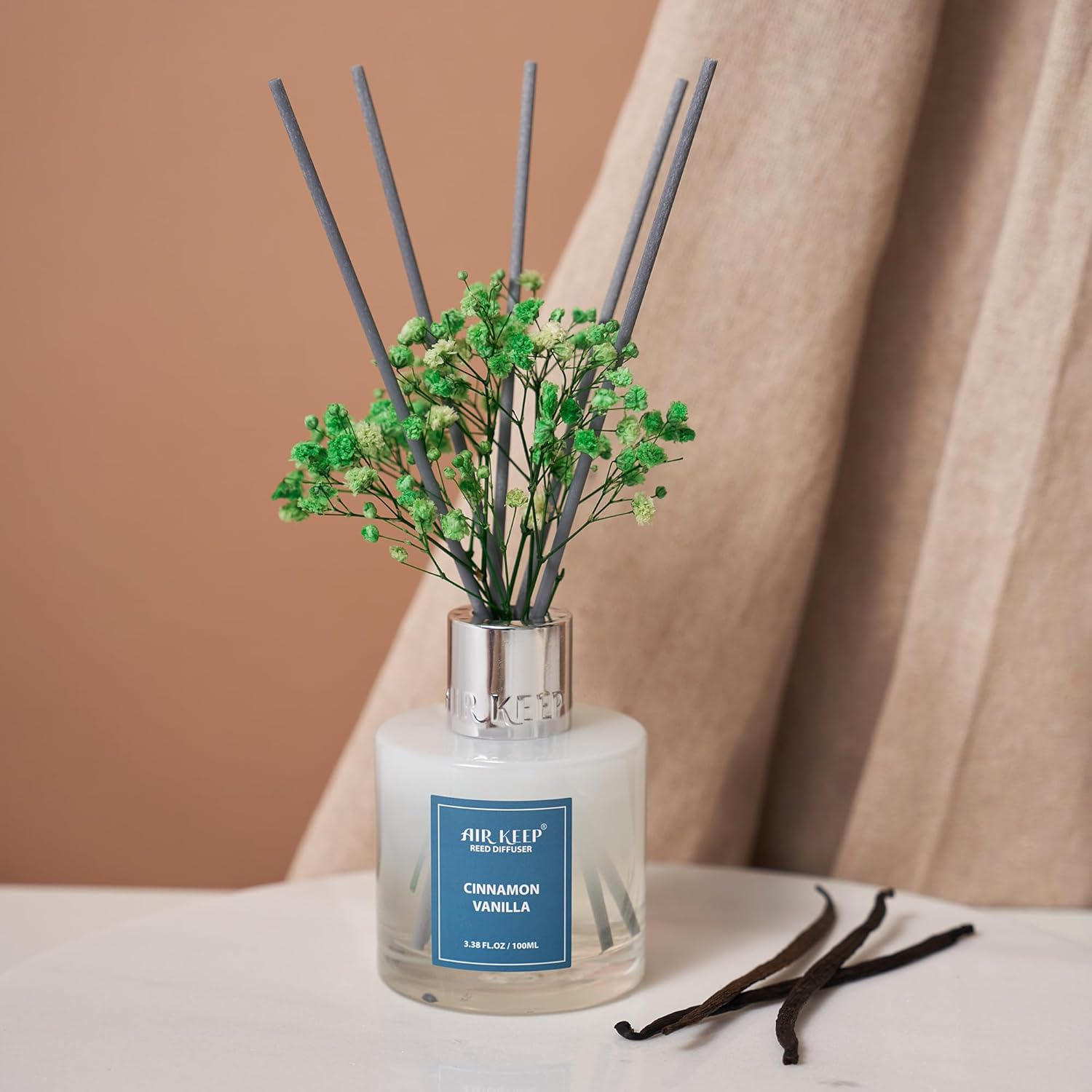Airkeep Reed Diffuser Set,3.38 fl oz (100 ml) - Cinnamon Vanilla Oil Diffusers with 8 Reed Sticks, Home Fragrance Reed Diffuser for Bathroom Shelf Decor