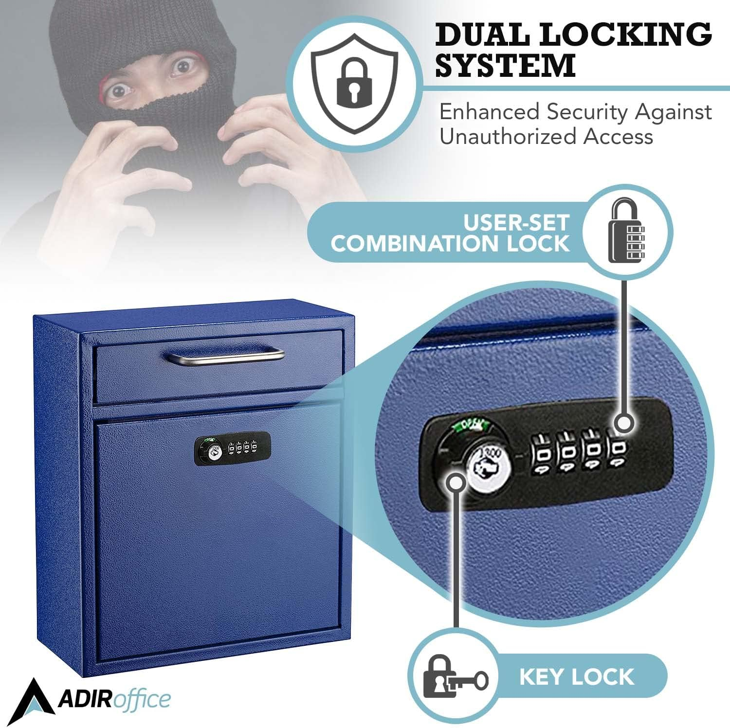 Medium Blue Steel Wall Mount Lockable Mailbox