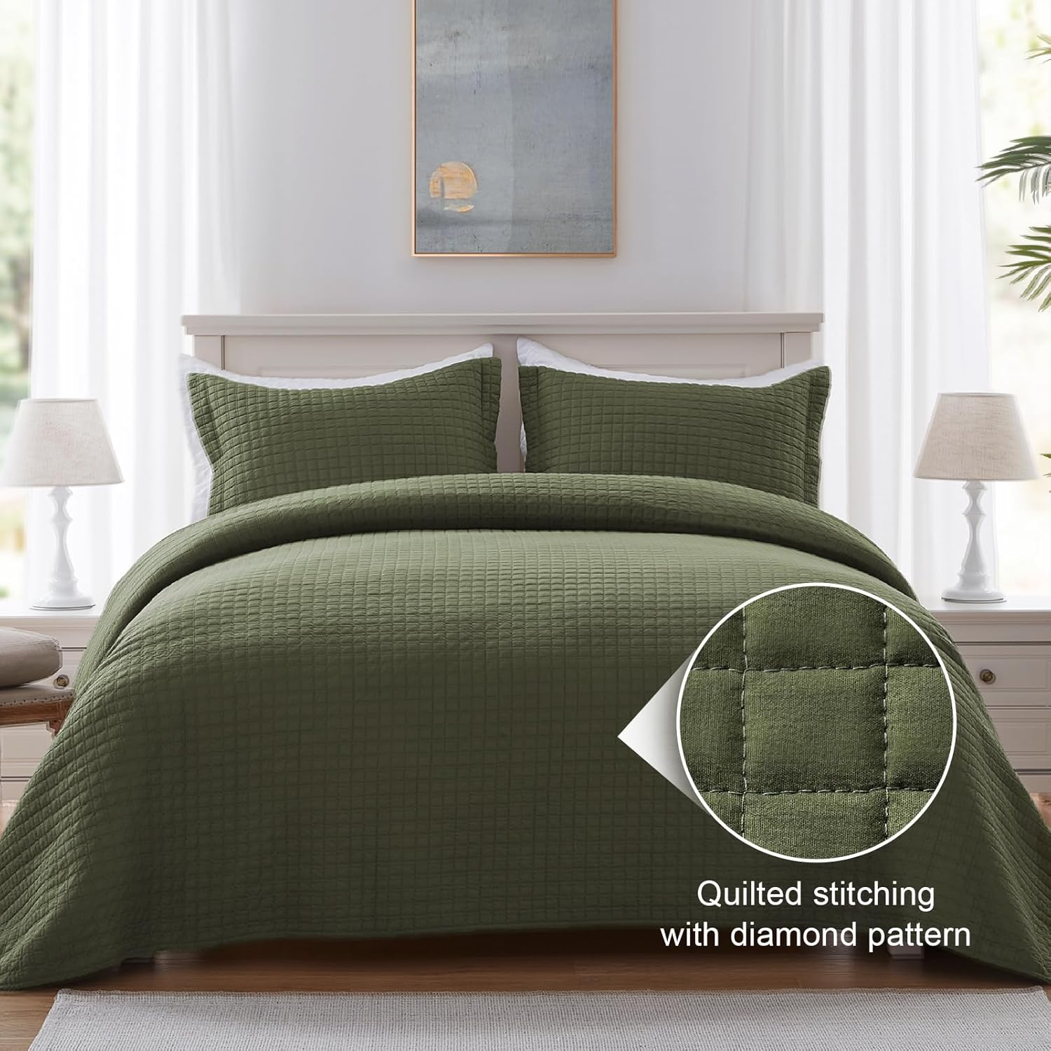 SunStyle Home Olive Green Quilt, Queen Size Quilt Set Lightweight Blanket Bedspread Full Soft Reversible Coverlet All Season 3pcs Army Green Square Quilted Bedding Sets with 2 Pillow Shams(90"x96")