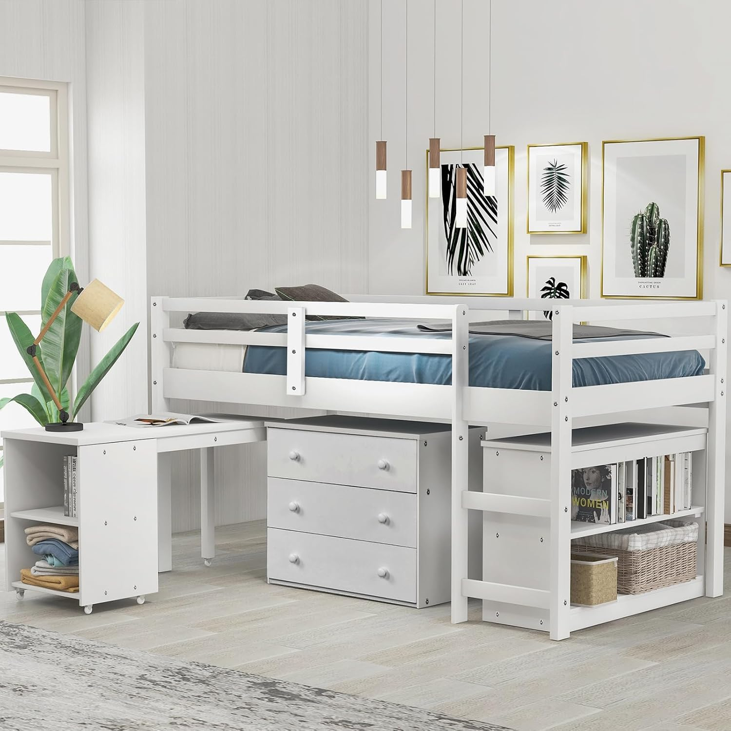 Harper & Bright Designs Twin Size Low Loft Bed with Rolling Portable Desk and Storage Cabinet, Wooden Low Study Loft Bed with Drawers, for Kids Teens Girls Boys - White