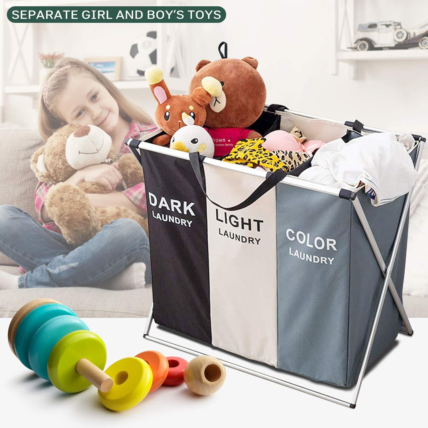 Nicesail 3 Section Laundry Basket Printed Dark Light Color, Foldable Hamper/Sorter with Waterproof Oxford Bags and Aluminum Frame, Washing Clothes Storage for Home, Dormitary Multicolored