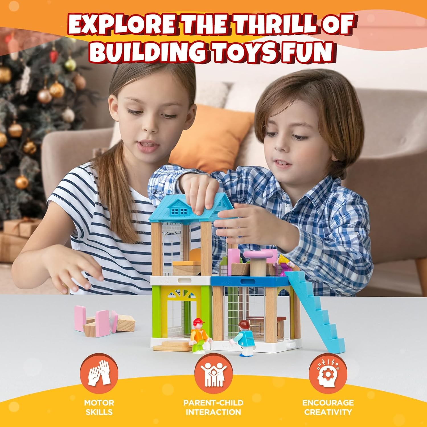 37-Piece Small Wooden Dollhouse, 3-Room DIY Doll House for Toddlers with 3 Movable Dolls, Dollhouse Furniture Accessories, Birthday Building Gift for Kids Ages 3-8 (8.15" L x 4.06" W x 9.17" H)