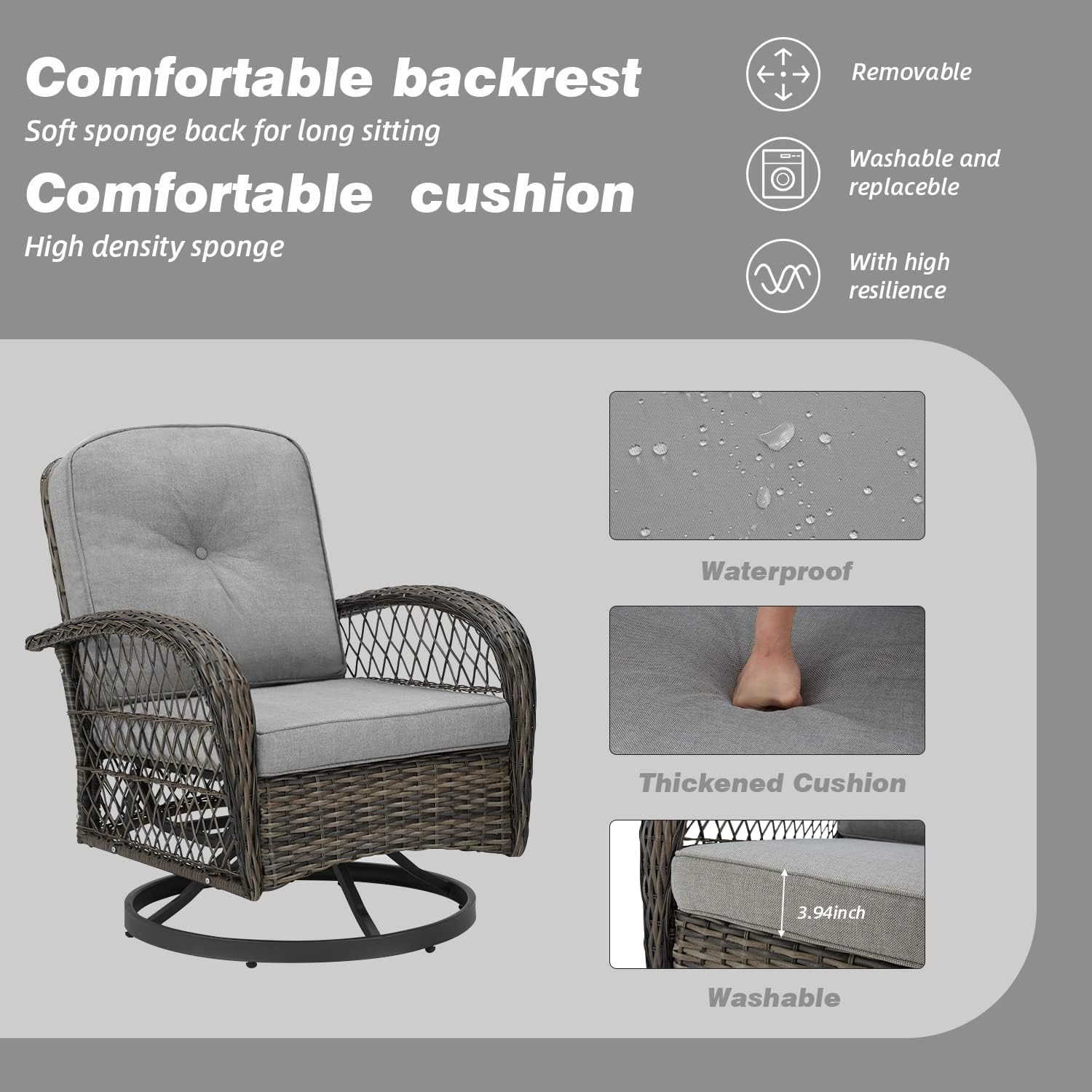Gray Wicker Steel Frame Swivel Rocking Patio Set with Glass Table