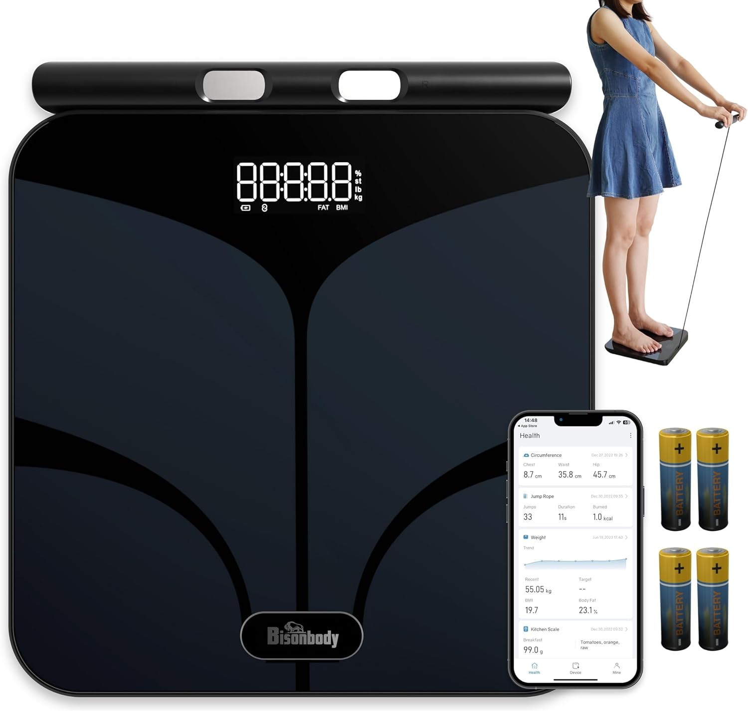 Bisonbody Smart Digital Body Scale – 29 Health Metrics – for Advanced Fitness Enthusiasts – Durable Tempered Glass – 8 High Sensitivity Electrodes Sensors – Smartphone App Connection