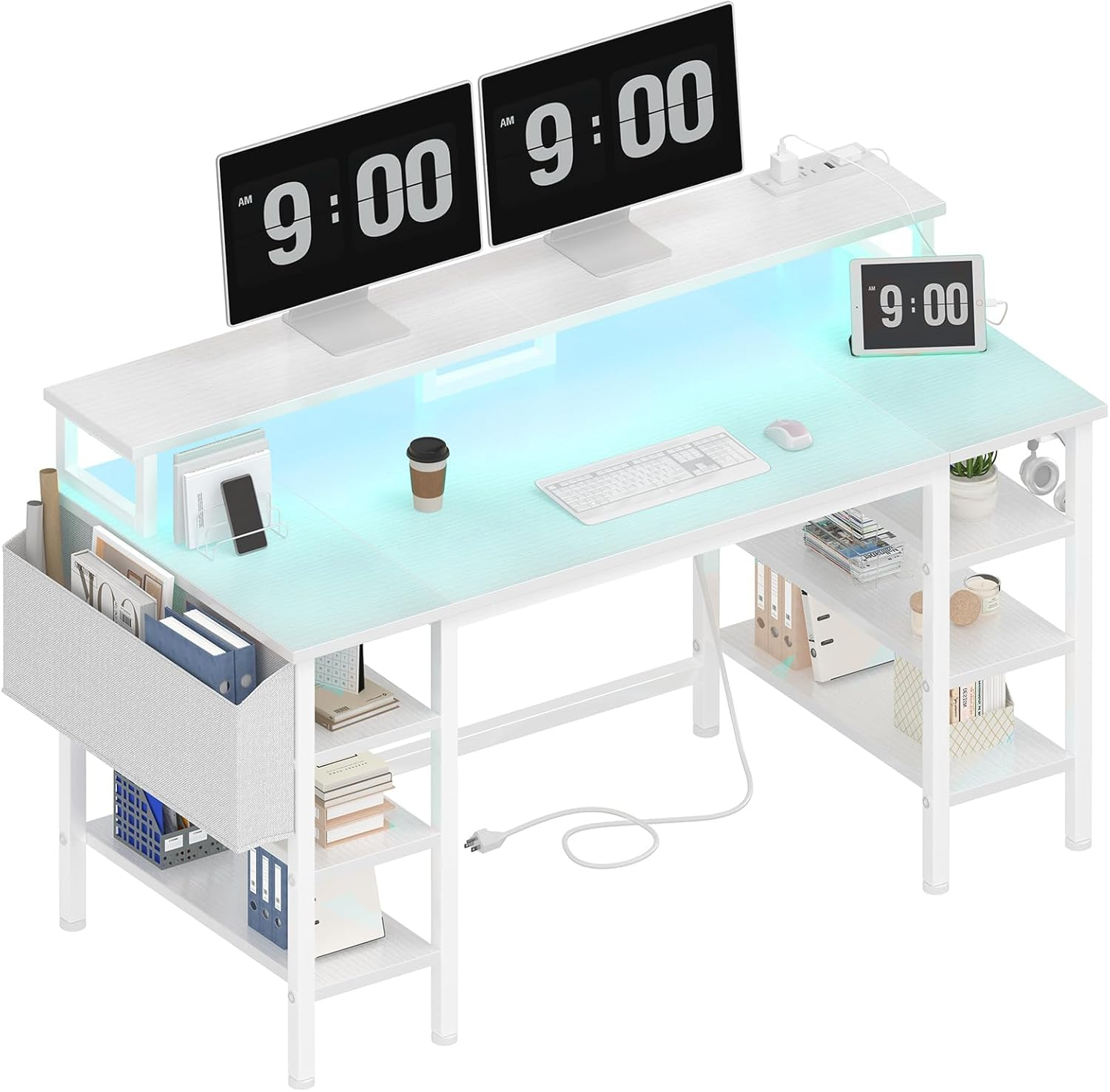 Lufeiya White Desk with Storage Shelves - 47 inch Home Office Gaming Desk with Monitor Stand, Computer Desk with LED Lights and Power Outlets, White