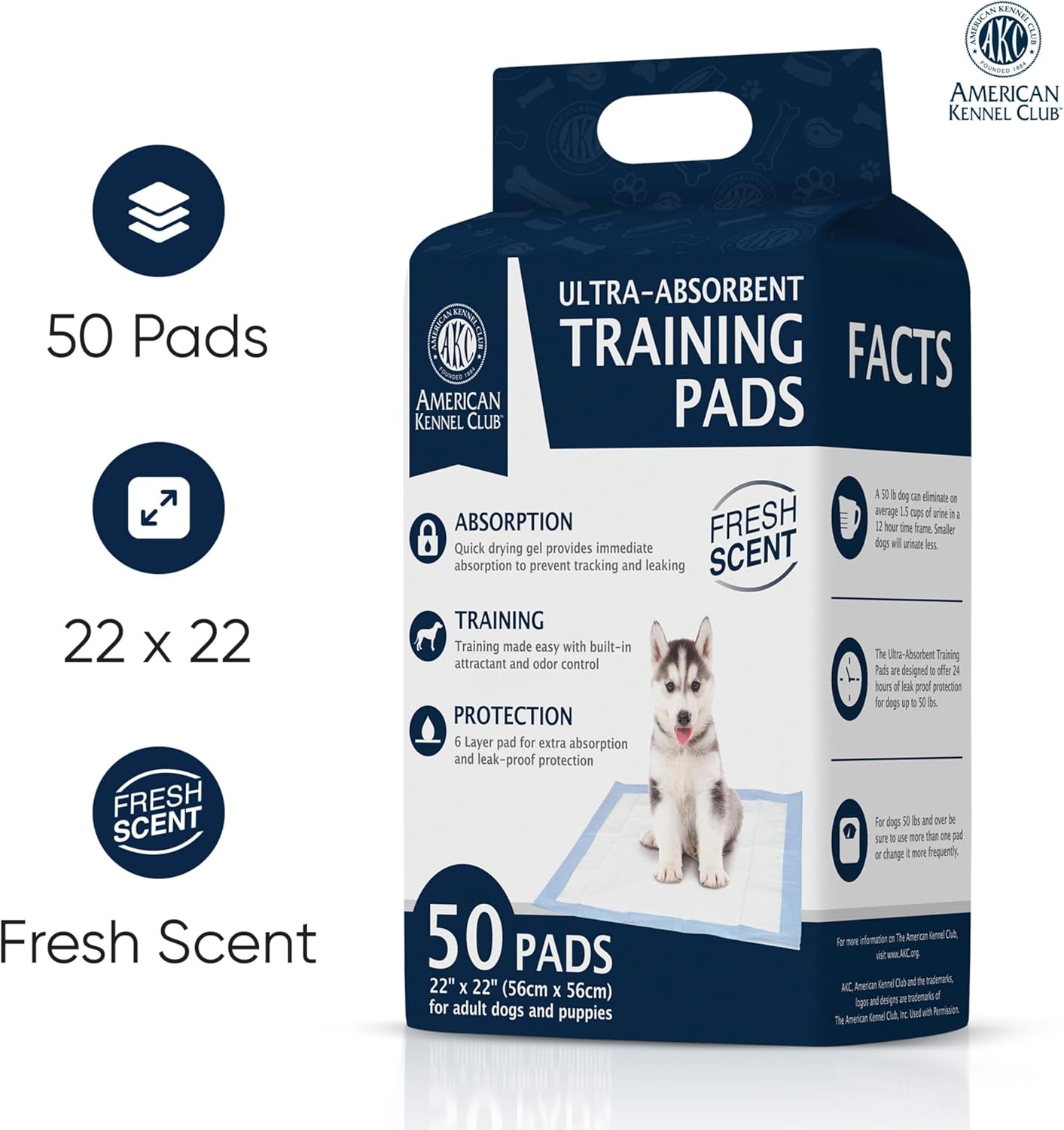 American Kennel Club Scented Puppy Training Pads with Ultra Absorbent Quick Dry Gel – 22 x 22 Puppy Pads - Fresh Scented - 50 Count