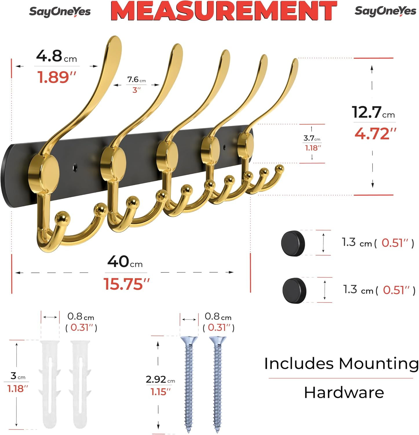 Black and Gold Coat Rack Wall Mounted - 16 Inch Heavy Duty Stainless Steel Matte Finish Wall Hook Rack - 5 Tri Coat Hooks for Hanging Towels, Bags, Hat - Bathroom Entryway - 2 Pack