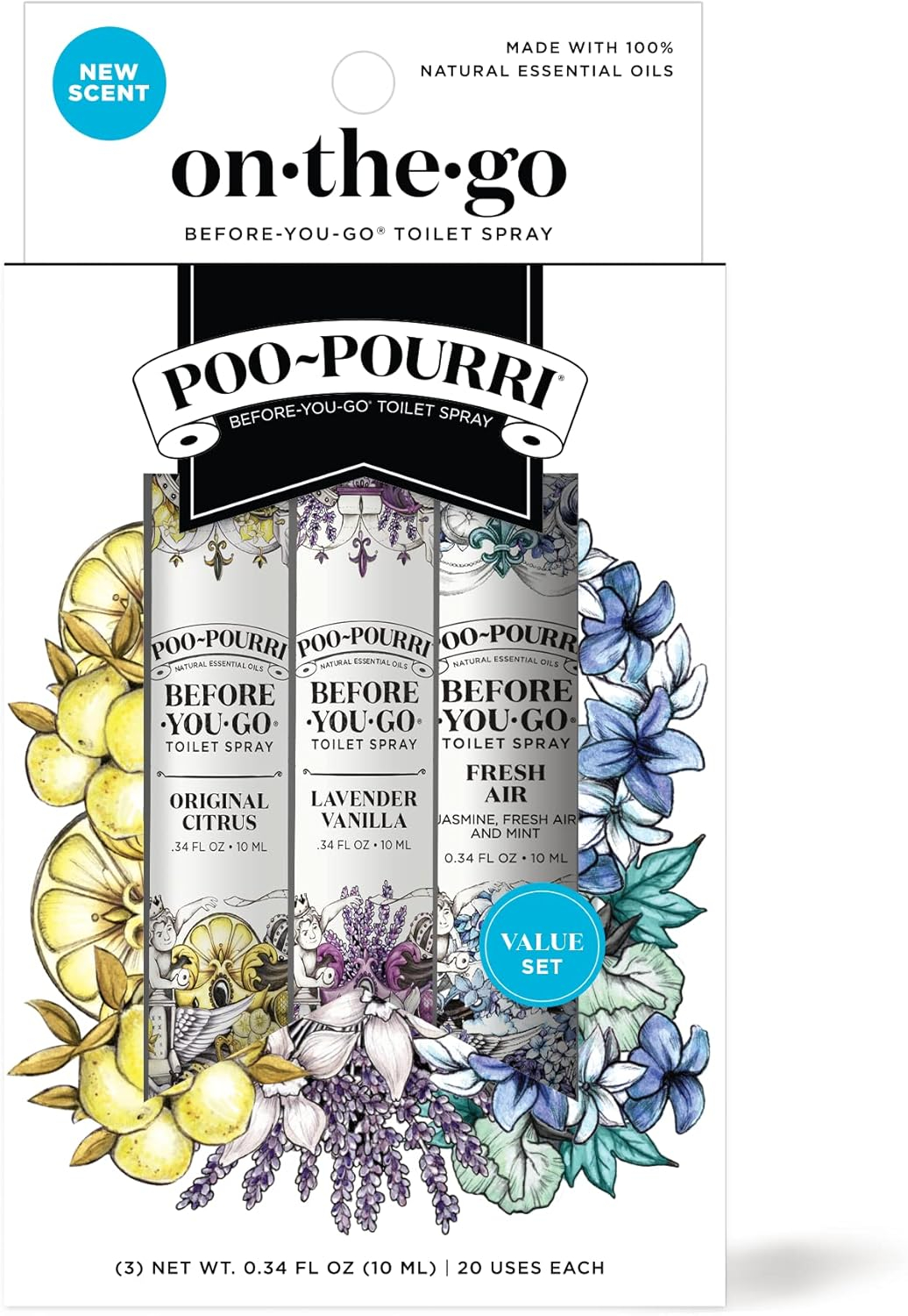 Poo-Pourri Before-You-Go Toilet Spray, On-The-Go, Travel Size Variety 10 mL - Original Citrus, Lavender Vanilla and Fresh Air