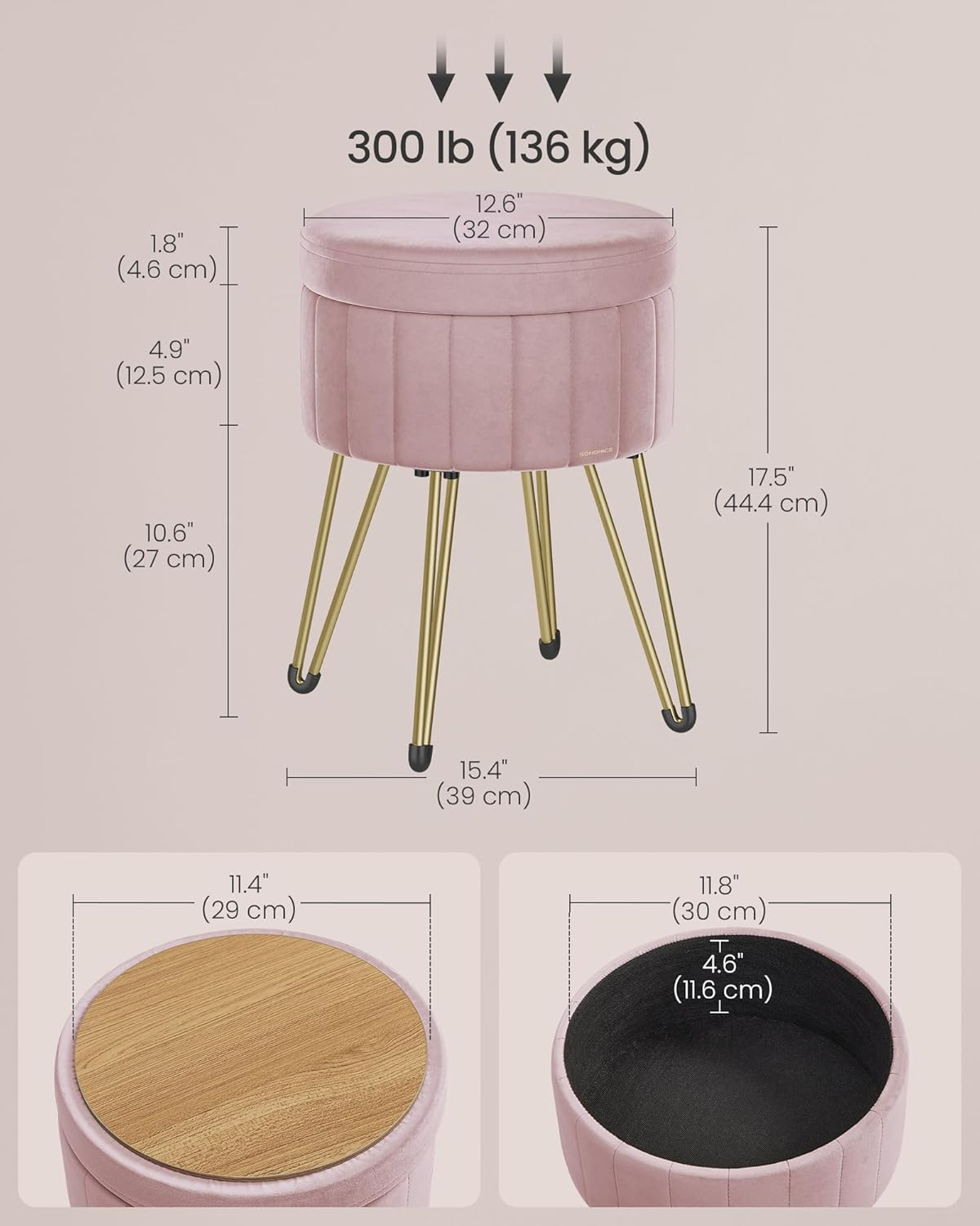SONGMICS Vanity Stool Chair, Small Ottoman with Storage, Velvet Makeup Stool, 15.4 Dia. x 17.4 H Inches, 4 Metal Legs, for Makeup Room, Living Room, Bedroom, Jelly Pink ULOM003R01