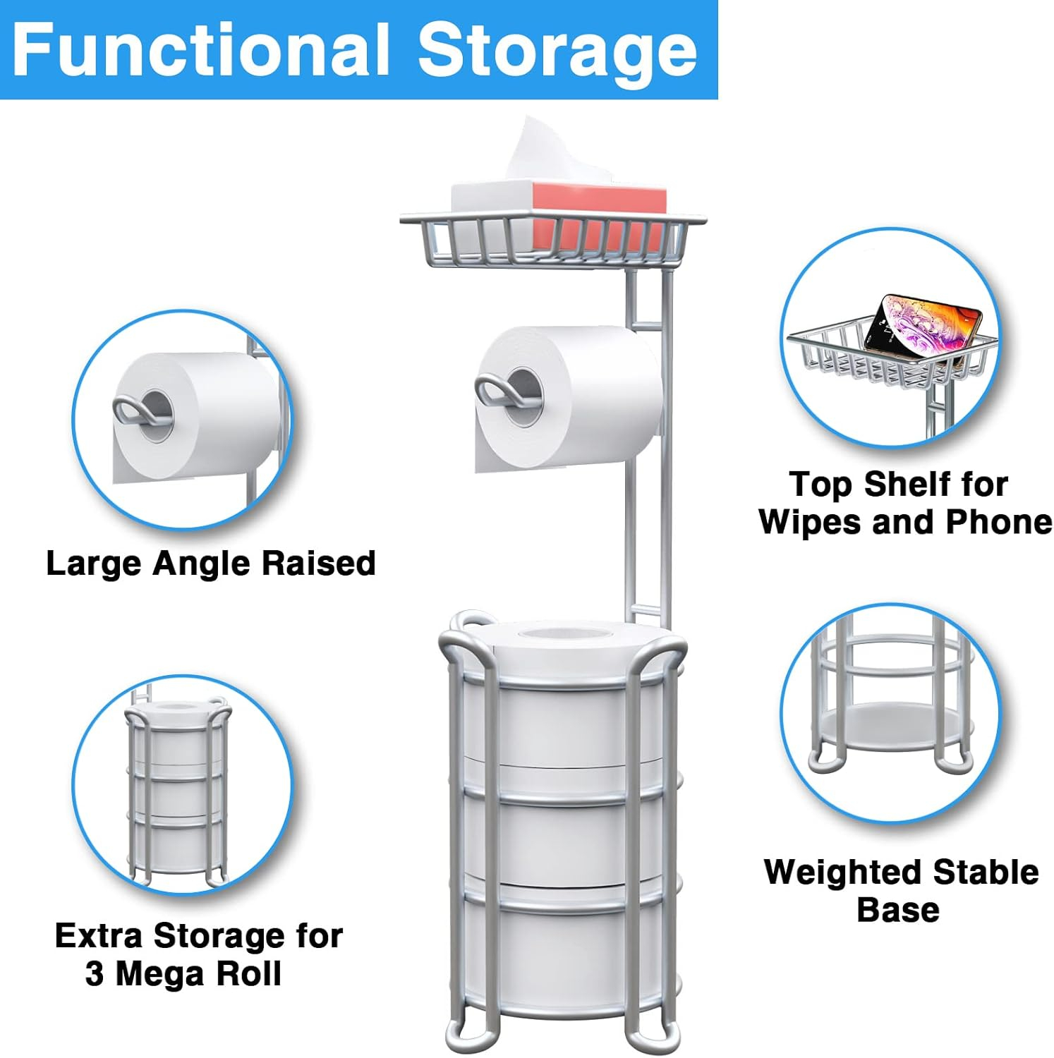 Toilet Paper Holder Stand with Shelf for Phone, Free Standing Tissue Roll Storage and Dispenser Rack for 4 Mega Rolls, Silver Gray