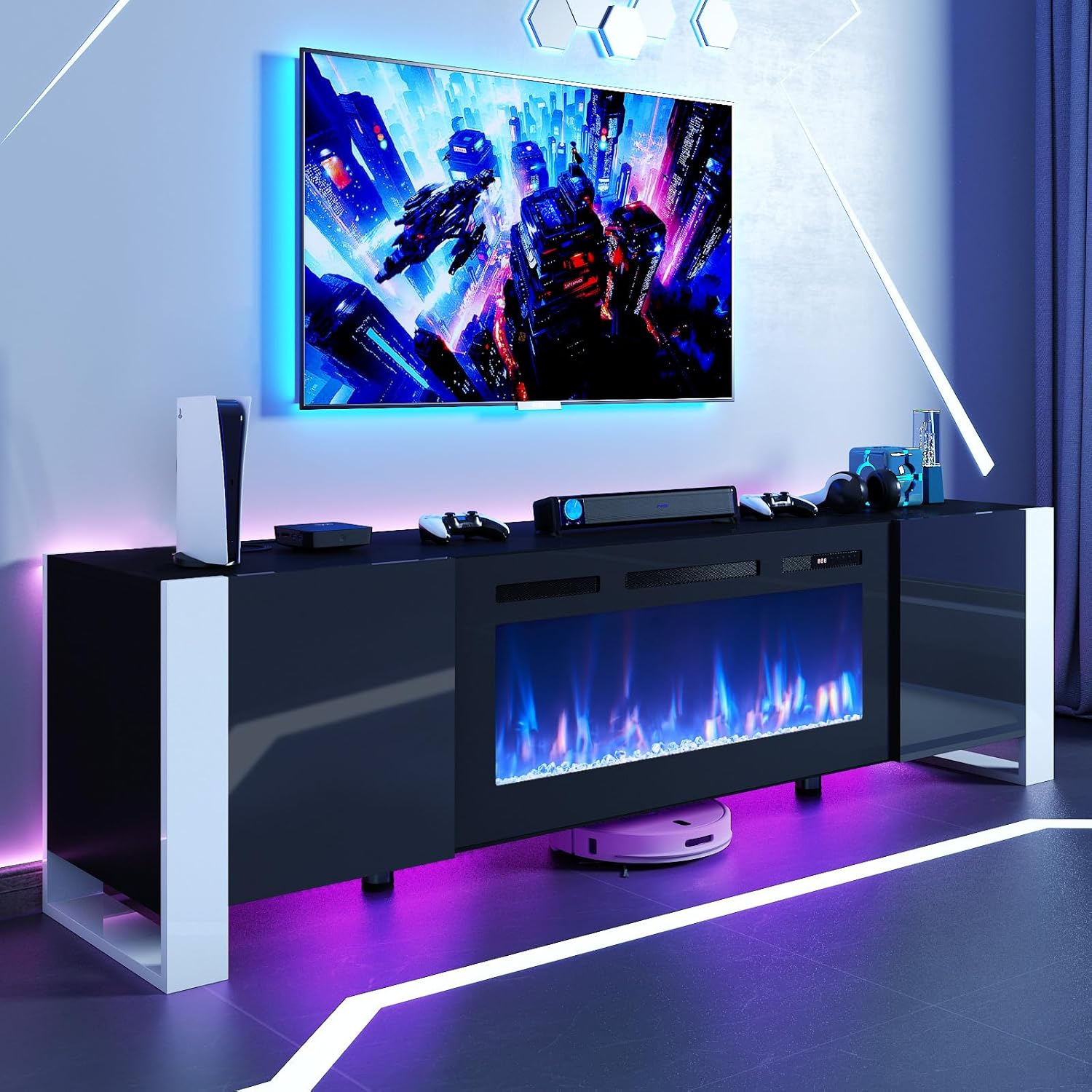 oneinmil Fireplace TV Stand with 36" Electric Fireplace, LED Light Entertainment Center, Modern Wood Texture Entertainment Stand with Highlight Storage Cabinet for TVs Up to 80", 70 inches, Black