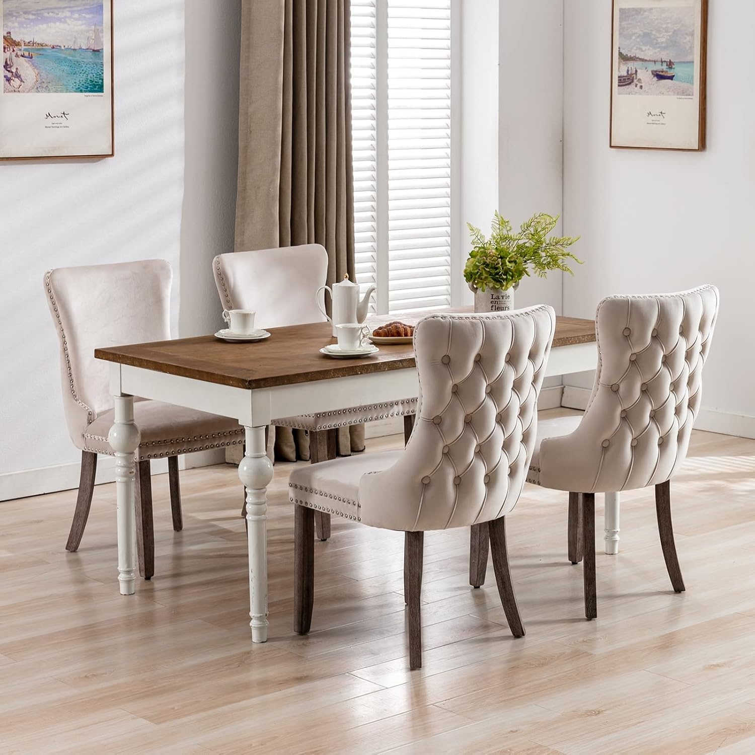 ODUSE-DAILY Beige Velvet Dining Chairs Set of 6, Kitchen & Dining Room Chairs, Sillas De Comedor, Nailheads Tufted, Fabric Upholstered, Solid Wood Frame (Beige, 6 Pcs)