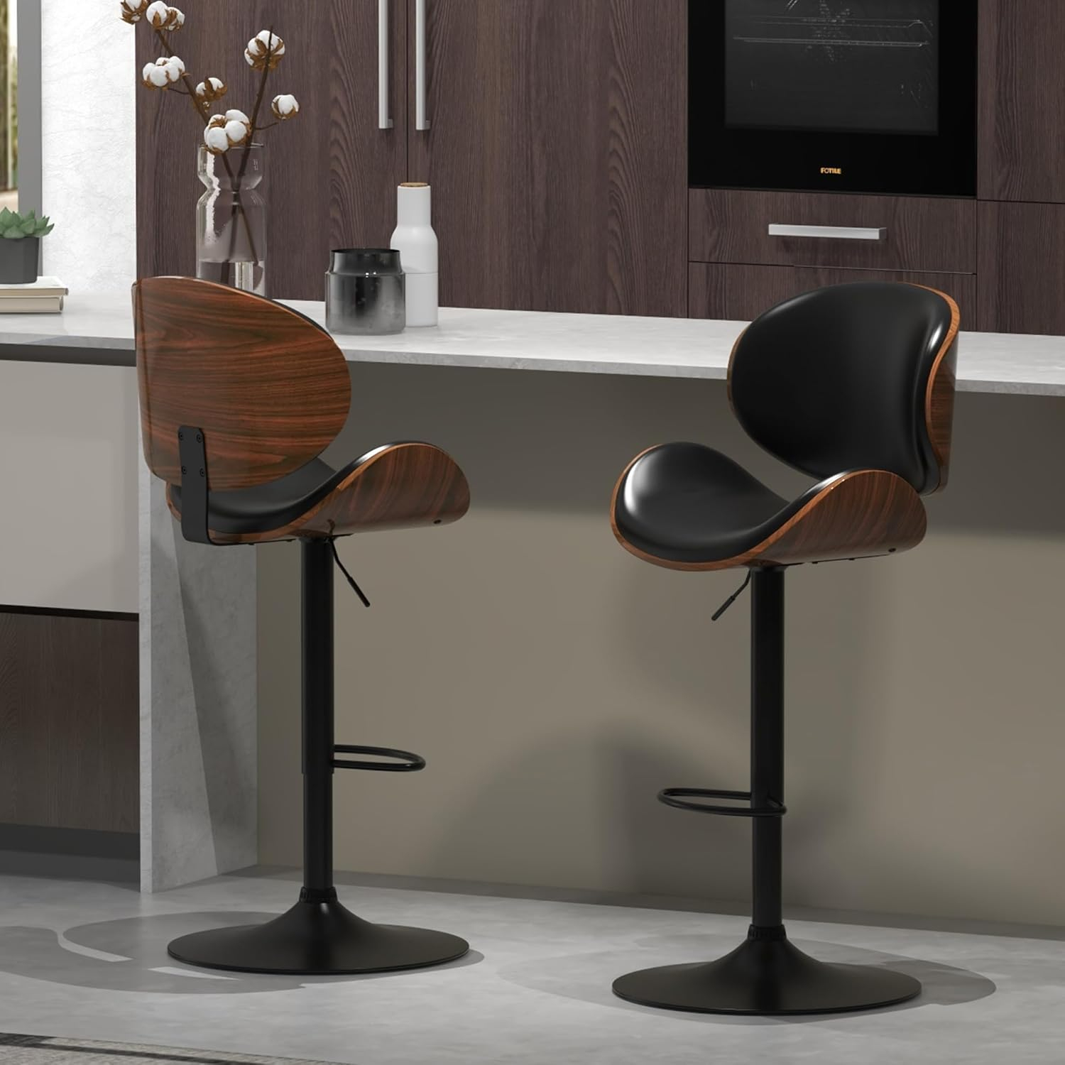 civama Bar Stools Set of 2 for Kitchen Counter, Adjustable Bar Height Chairs, Modern Swivel Barstools with Bentwood Seat and Back with Footrest, for Kitchen Island, Dining Room, Black PU Leather