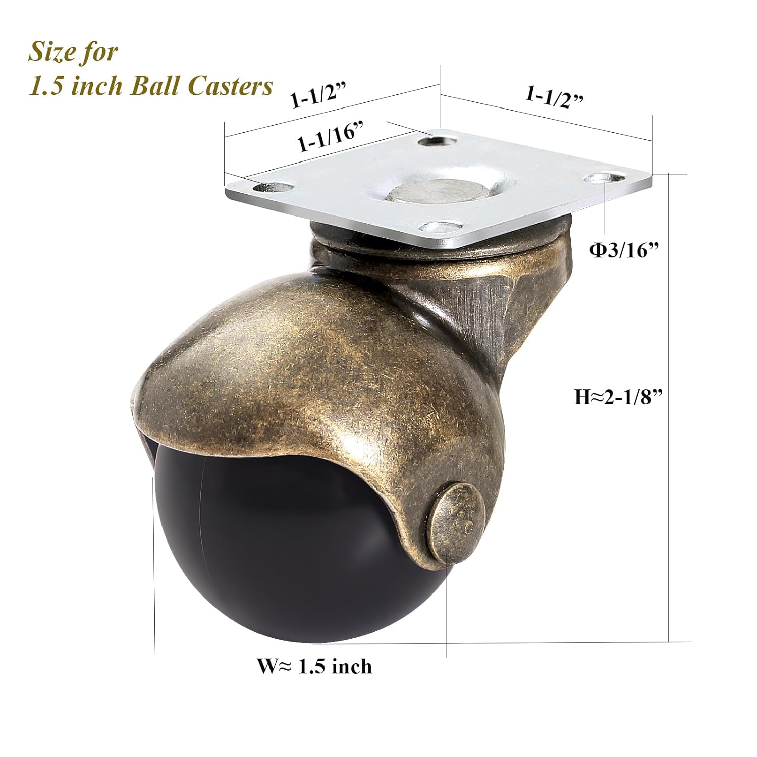 ENYKE Ball Caster Wheels, 1.5-inch Small Casters for Furniture, Swivel Furniture Casters Set of 4 180lbs, Antique Brass Top Plate Casters, Ottoman, Wheelchair, Coffee Table (Screws Included)