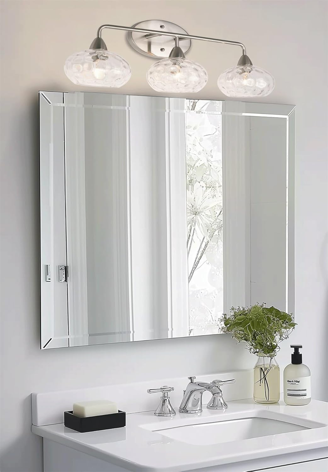 Kira Home Marina 26" Modern 3-Light Vanity/Bathroom Light + Hammered Glass Shades, Brushed Nickel Finish