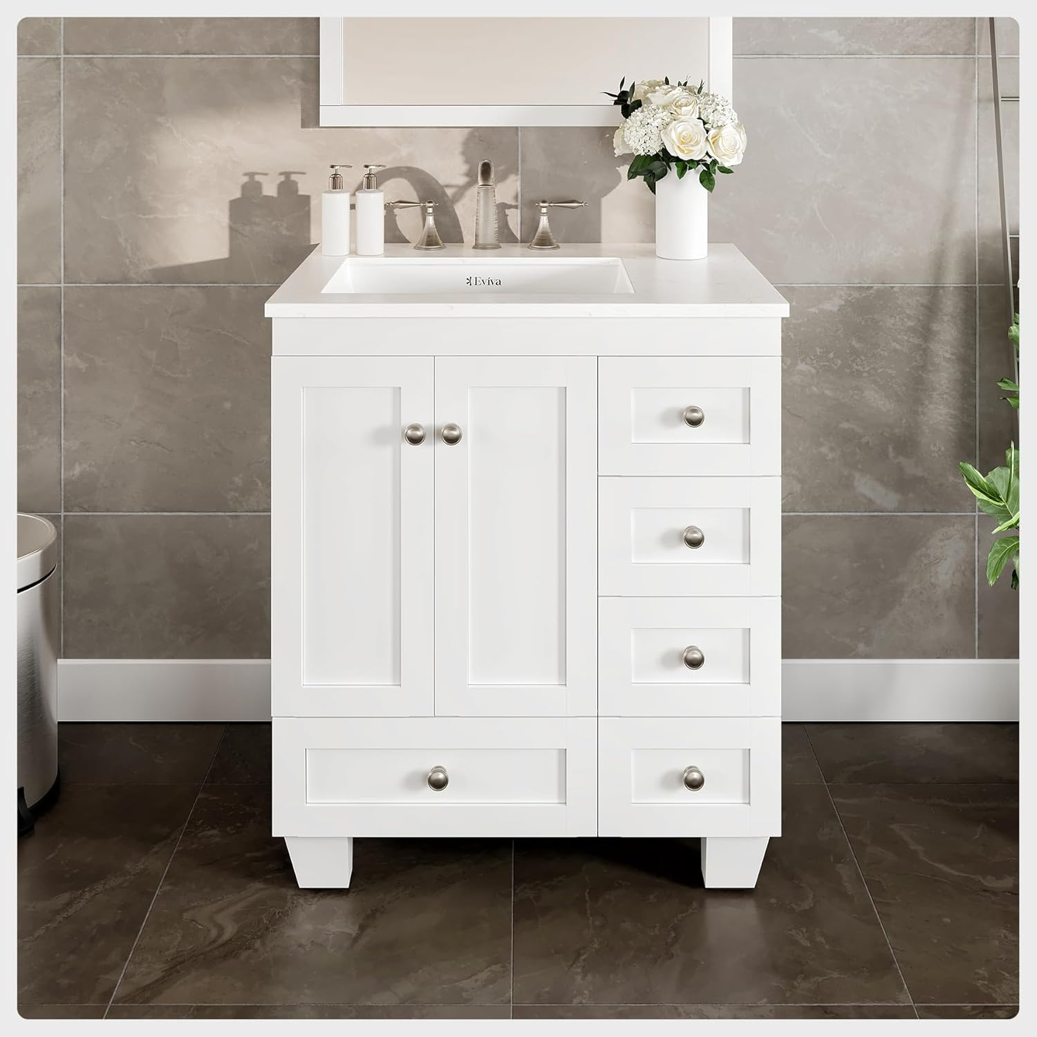 Eviva Happy 28"W x 18"D White Bathroom Vanity with White Carrara Quartz Vanity Top and Rectangular Undermount Sink