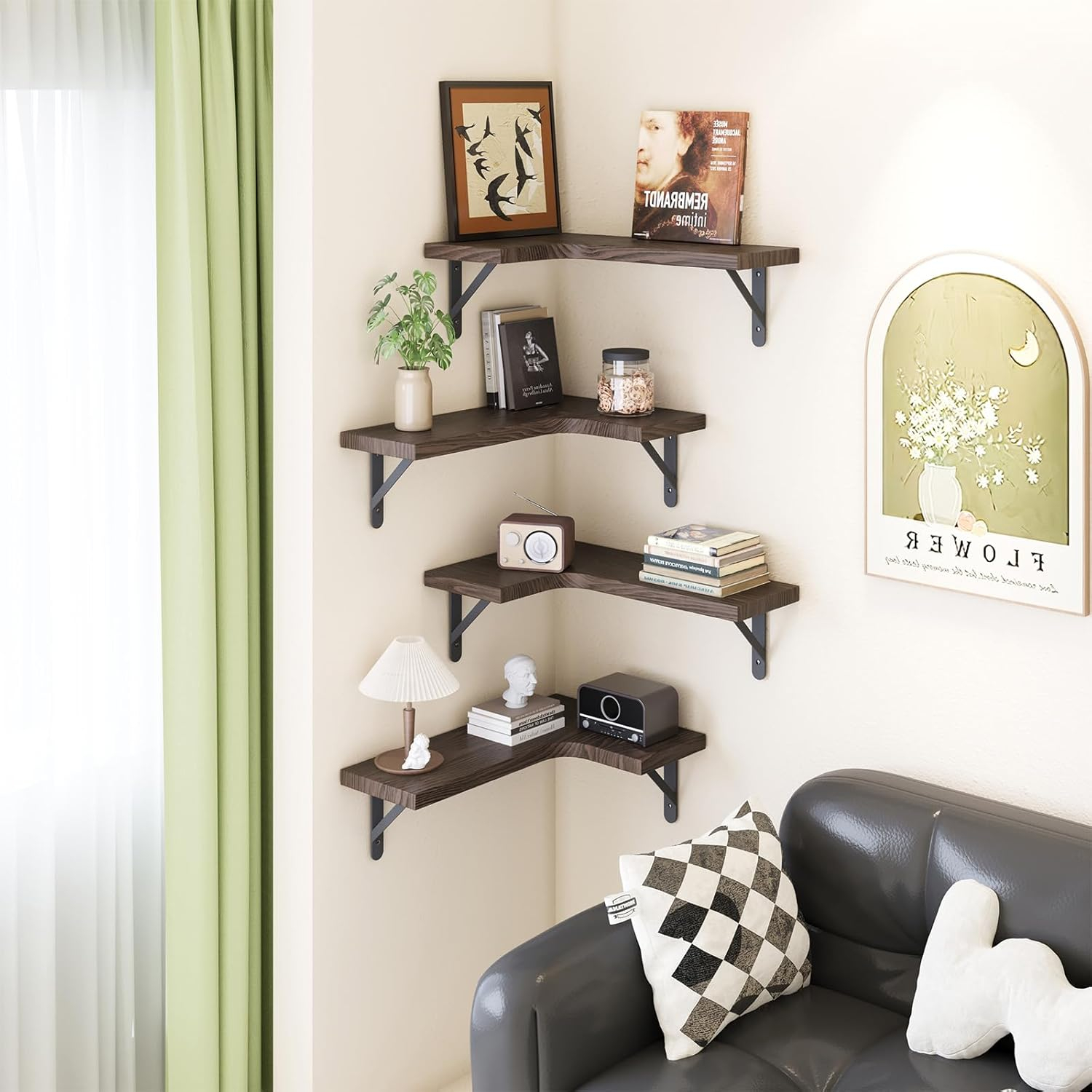 Corner Floating Shelves, Set of 4 Corner Wall Shelves, Shelves for Wall Decor, Corner Wood Shelves for Home Decor, Office, Bedroom, Bathroom, Laundry Room, Kitchen, Black