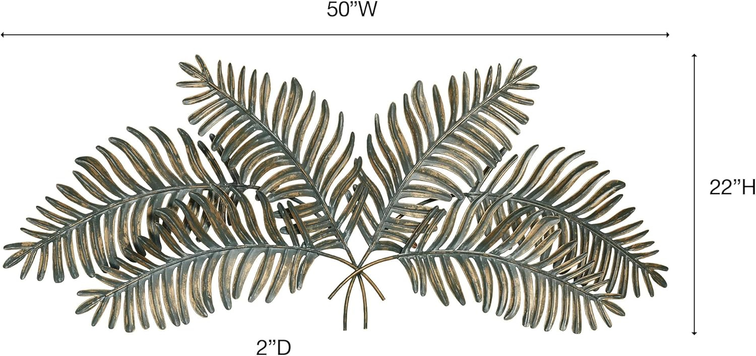 Large Verdi Green and Gold Metal Fern Fronds Wall Sculpture