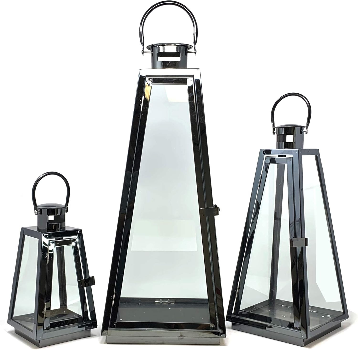 Allgala 3-PC Set Jumbo Luxury Modern Indoor/Outdoor Hurricane Candle Lantern Set With Chrome Plated Structure and Tempered Glass-Taper Black-HD88023