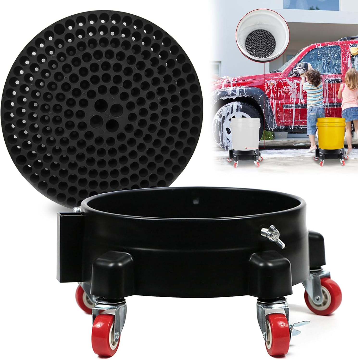 5 Gallon Bucket Dolly with Grit Trap,Removable Rolling Car Wash Buckets with 360 Degree Wheels,11.5'' Car Washing Bucket Organizer Detailing Smoother Maneuvering