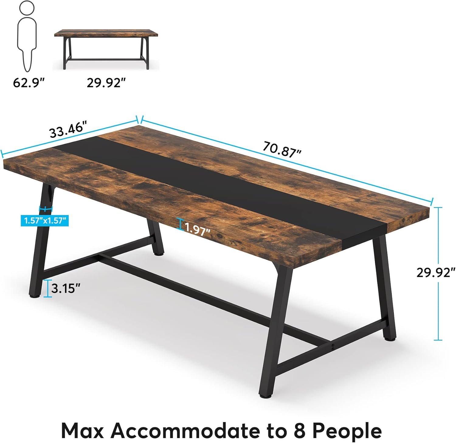 Tribesigns Dining Table for 8 People, 70.87-inch Rectangular Wood Kitchen Table with Strong Metal Frame, Industrial Large Long Dining Room Table for Big Family (Rustic Brown)