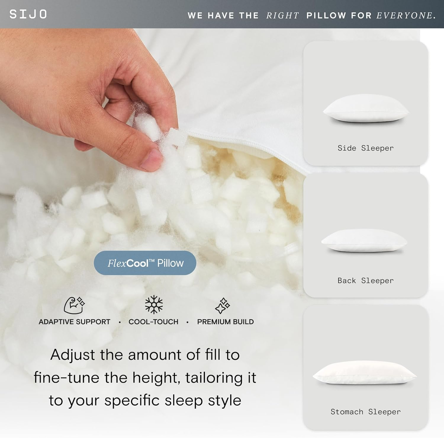 White Adjustable Memory Foam Cooling Pillow with Fill Pouch