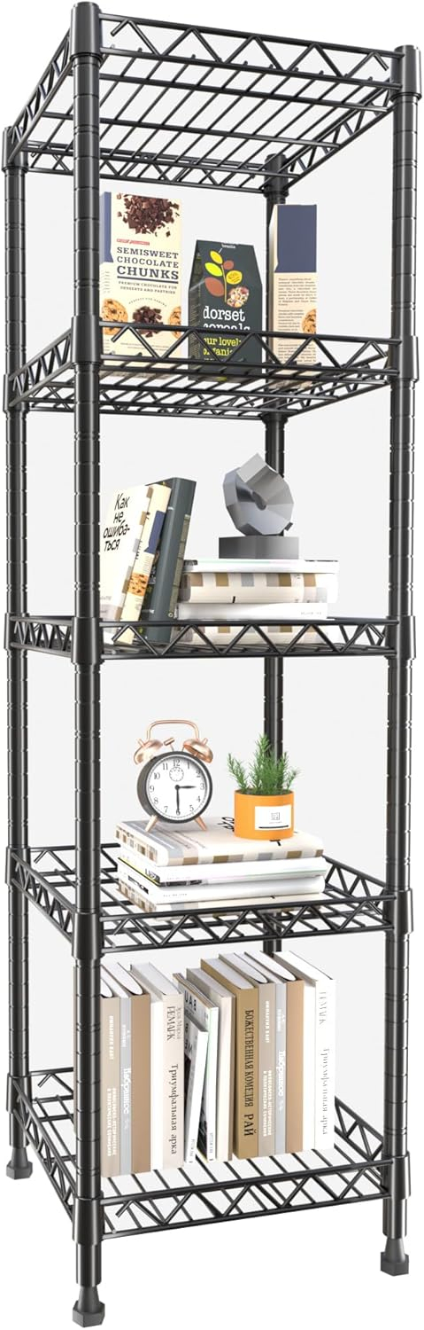 GIOTORENT 5-Wire Shelving Storage Garage Organizer, Adjustable Metal Shelf Wire Shelving Unit Rack for Laundry Bathroom Kitchen Storage, Pantry Closet Shelves, Matt Black