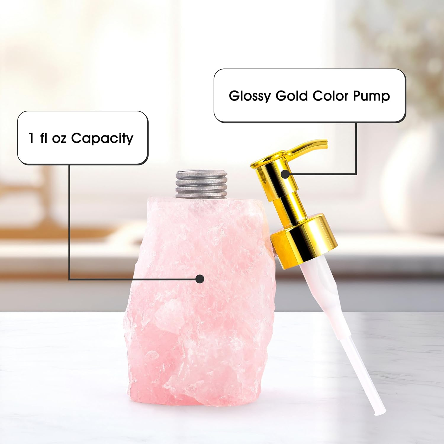 Rose Quartz Crystal Dispenser - Glossy Gold Color Pump - Natural Stone Soap Dispenser for Bathroom