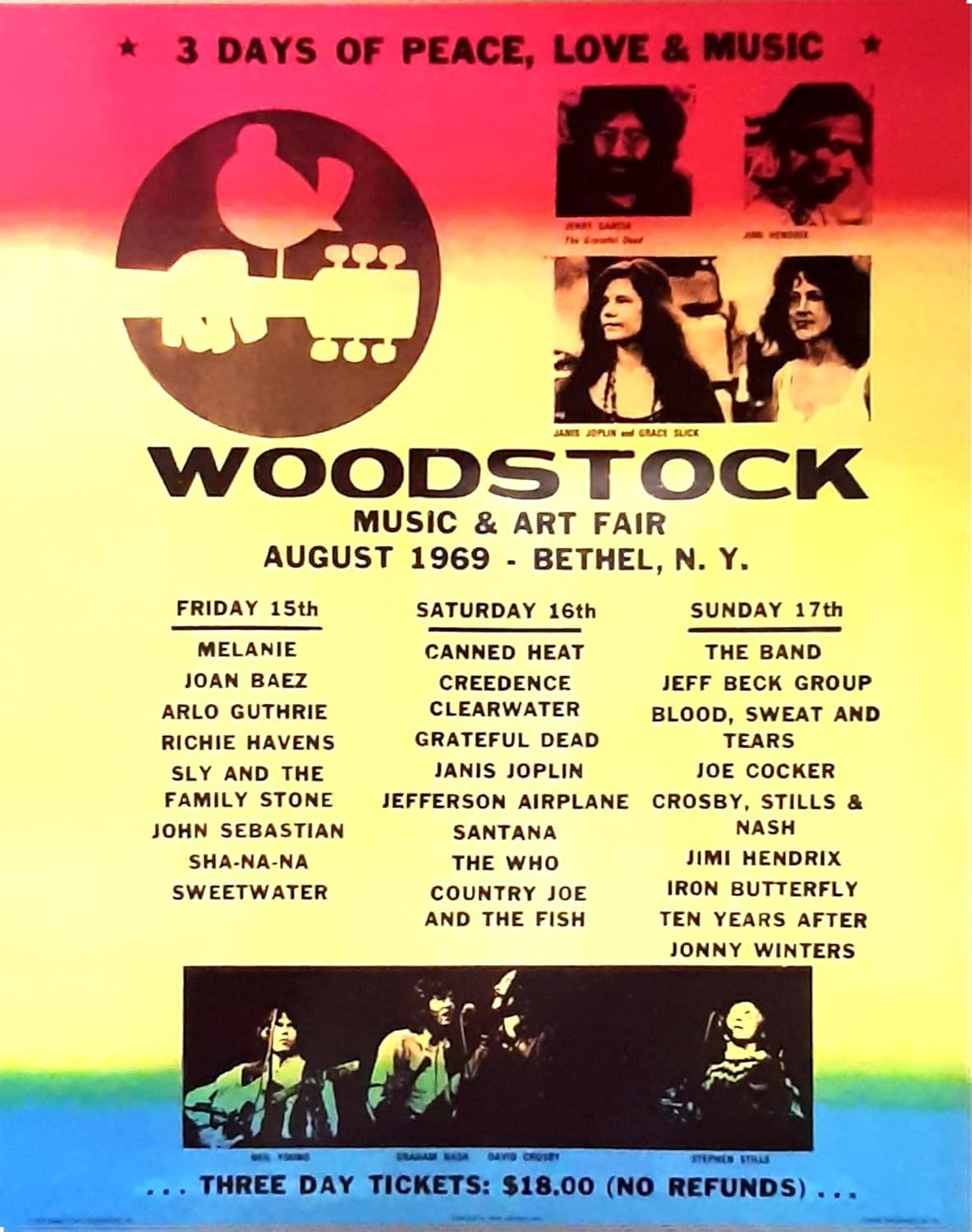 Buyartforless Woodstock Line-Up 20x16 Art Print Poster Woodstock Concert Ticket, 1969, Woodstock New York, Janis Joplin, Jimmy Hendrix, 3 Days