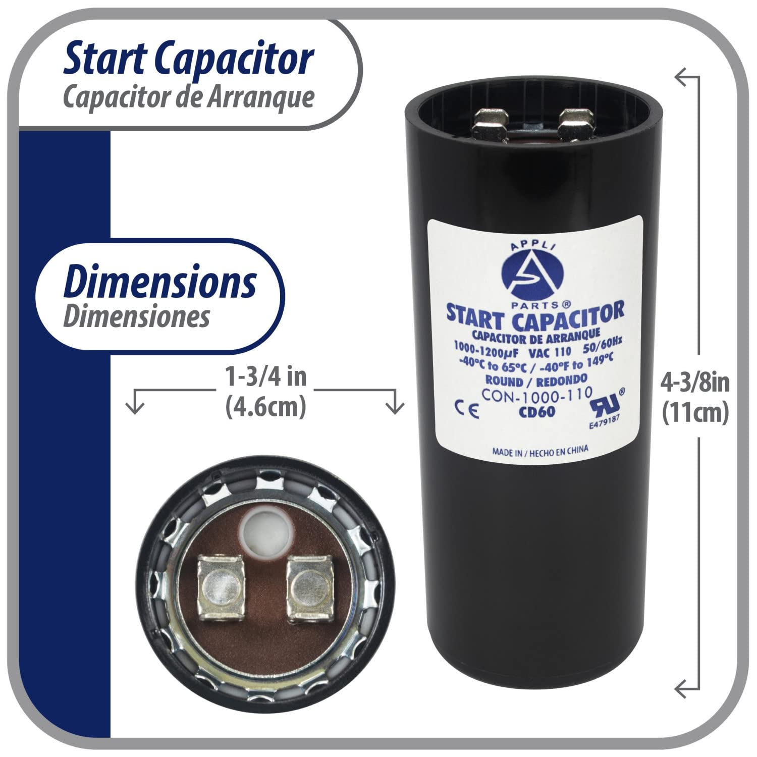 Appli Parts motor start capacitor 1000-1200 Mfd (microfarads) uF 110-125VAC universal fit for electric motor applications 1-3/4 in Diameter 4-3/8 in Height CON-1000-110