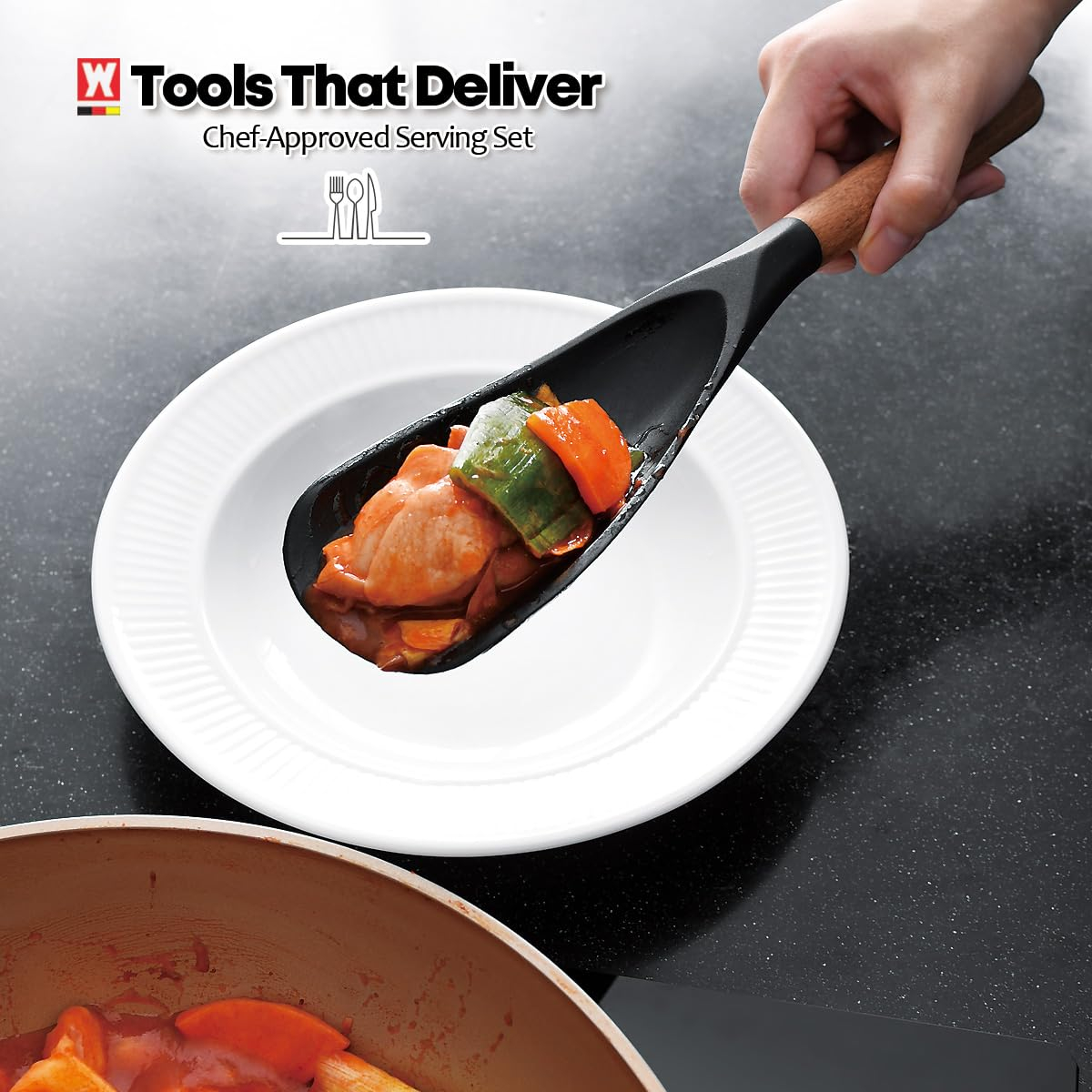 Silicone Head cooking & Serving Spoon + Slotted Spatula Set: Cookling Utensil with Long Wooden Handles, Heat Resistant Cookware, Protects Surfaces with Gentle Head Design