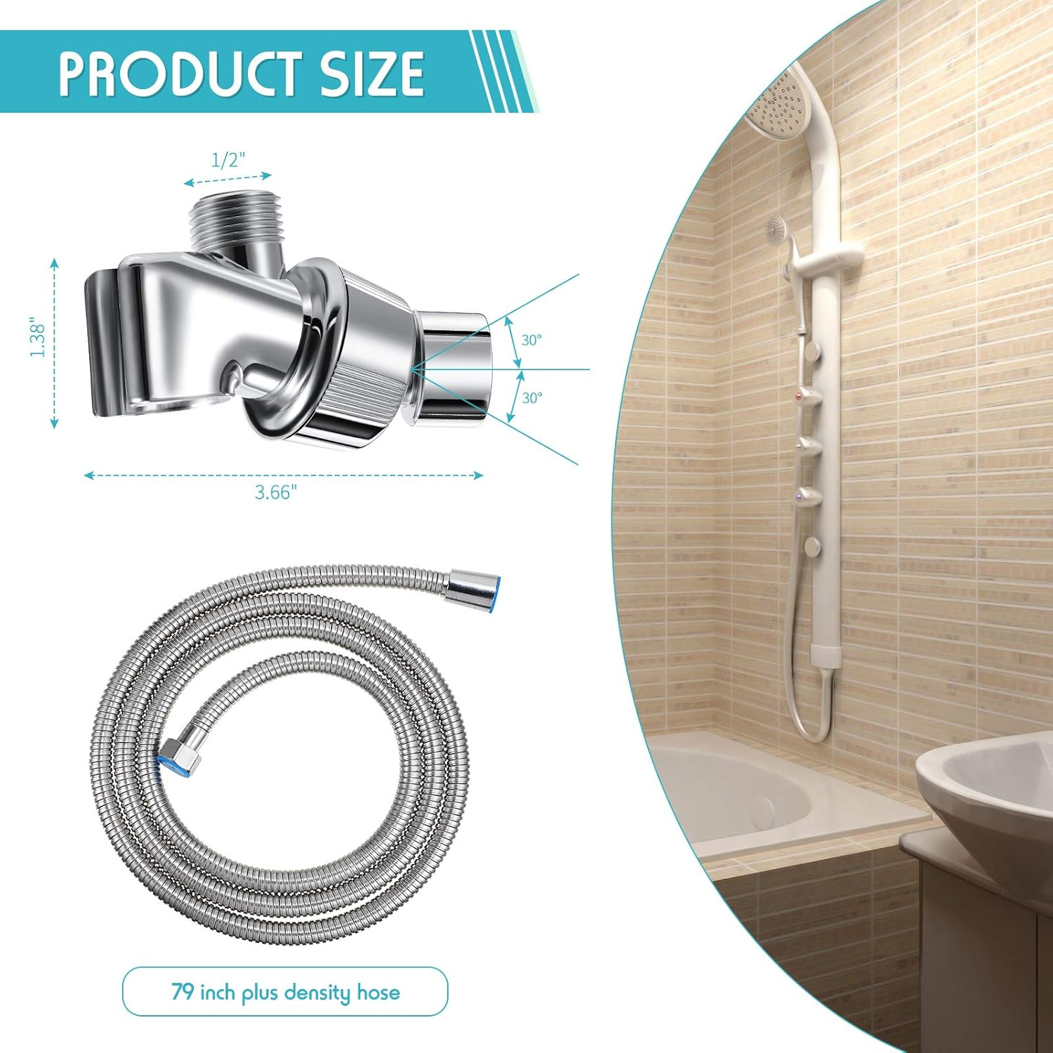 79 Inch Stainless Steel Shower Hose with Adjustable Shower Arm Holder and Head Replacement (Silver)
