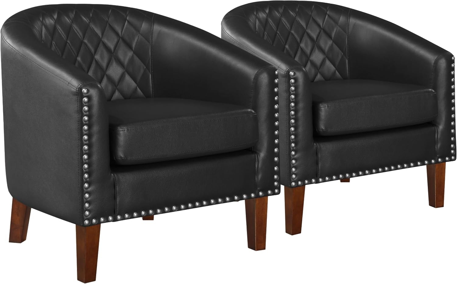 Prilinex Comfy Barrel Accent Chair Set of 2 - Faux Leather Living Room Chair Club Chair with Cushion, Diamond Grid Backrest & Nailhead Trim, Guest Chair for Office, Bedroom & Waiting Room, Black