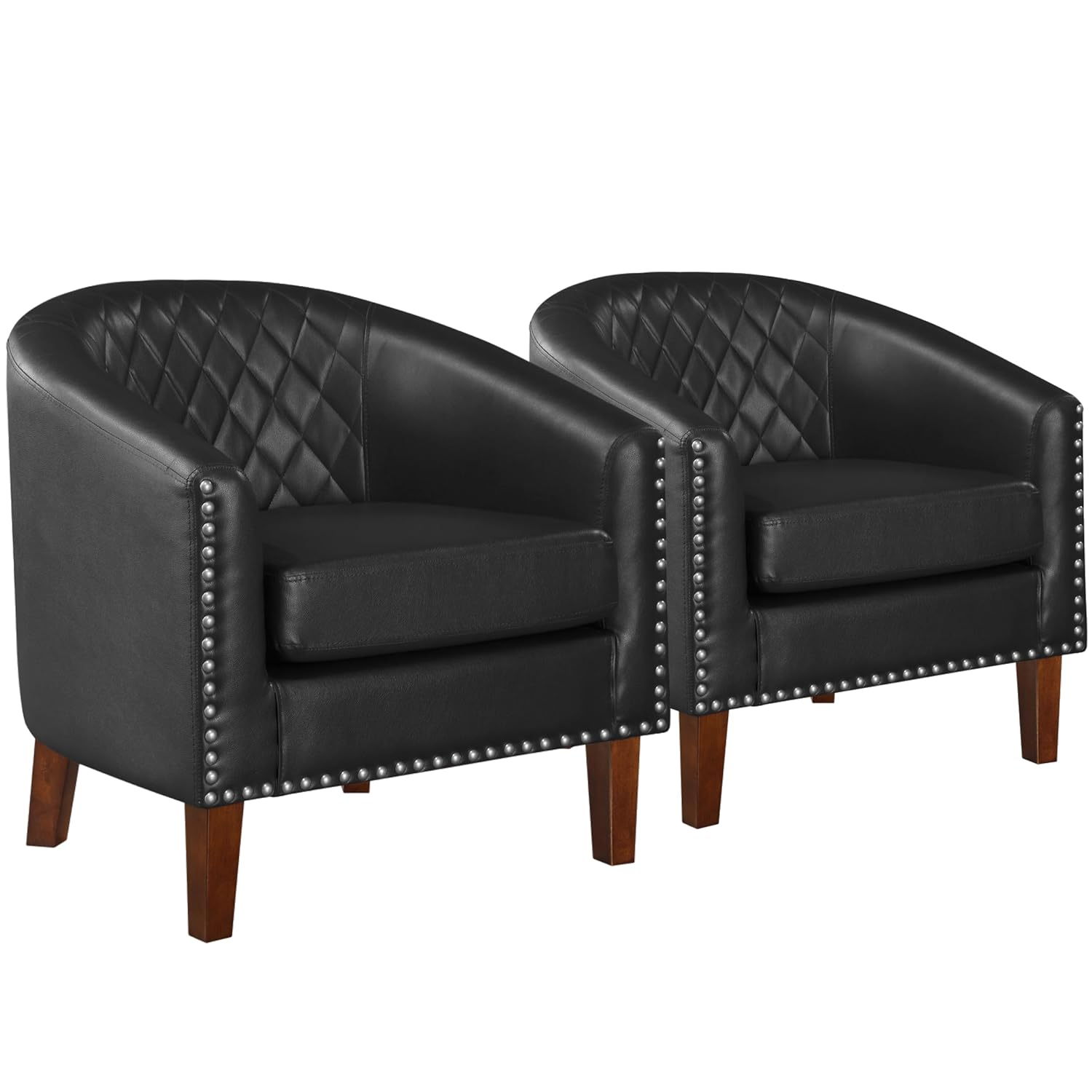 Prilinex Comfy Barrel Accent Chair Set of 2 - Faux Leather Living Room Chair Club Chair with Cushion, Diamond Grid Backrest & Nailhead Trim, Guest Chair for Office, Bedroom & Waiting Room, Black