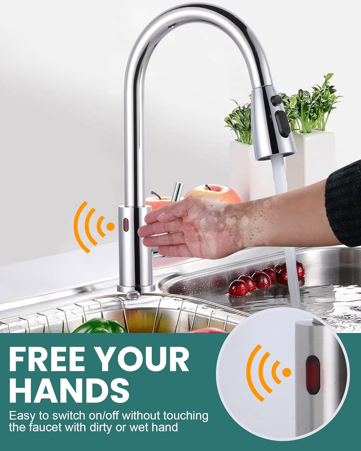 Touchless Kitchen Faucet Stainless Steel: WOWOW Smart Motion Sensor Kitchen Sink Faucet with Sprayer, Automatic Hand-Free Polished Chrome Kitchen Faucet for Sink 1 or 3 Hole