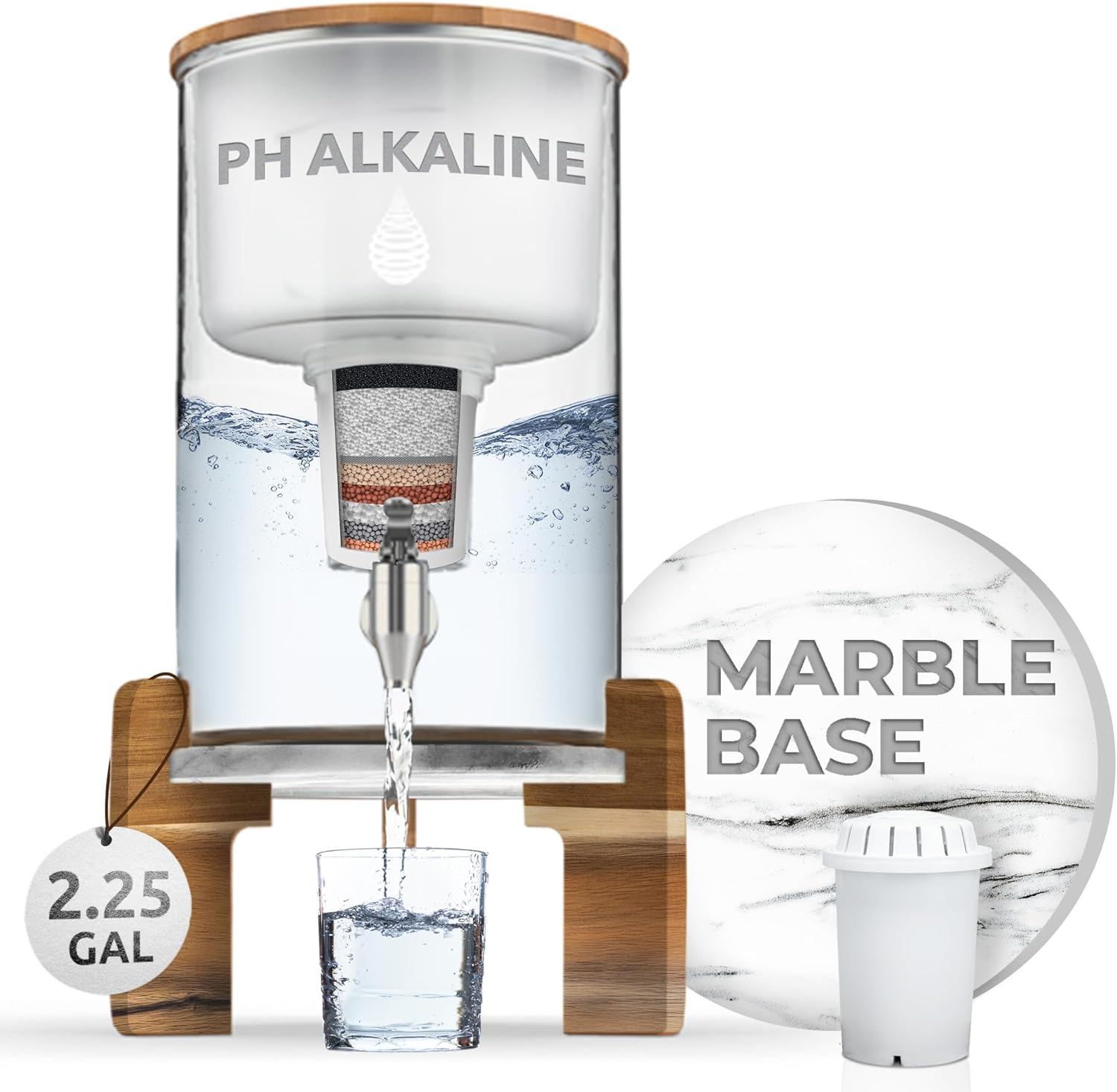 Invigorated Water pH Recharge Alkaline Water Filter Dispenser – BPA-Free Glass Countertop Water Filter Pitcher Purifier for Home & Office, 36-Cup Capacity, 360L Long Filter Life (Bamboo/Marble)