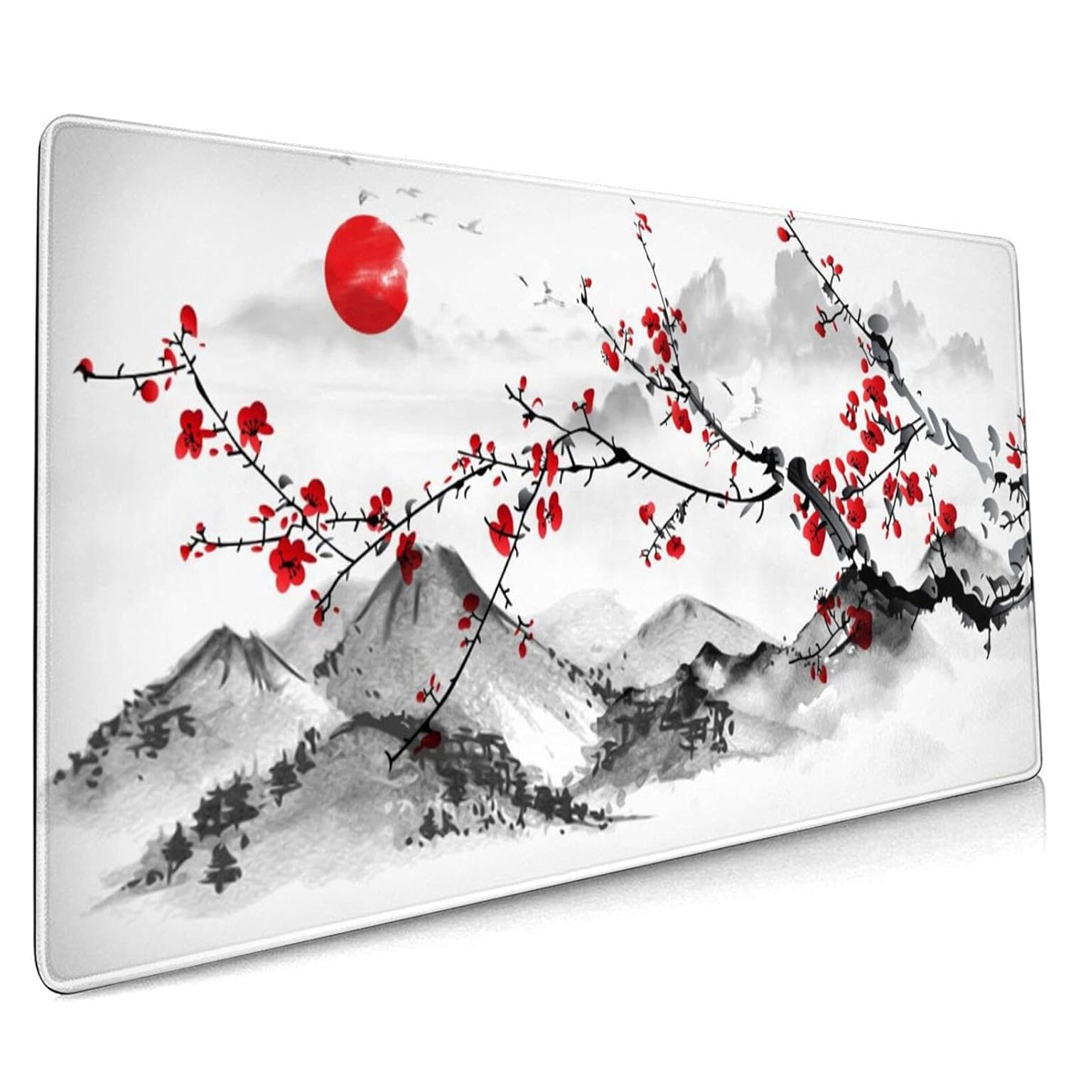 Extended Large Gaming Mouse Pad 35.4 X 15.7 Inch XXL Full Desk Japanese Art Style Cherry Blossom & Sakura Mousepad Non-Slip Rubber Base Big Keyboard Mat with Stitched Edges for Home Office