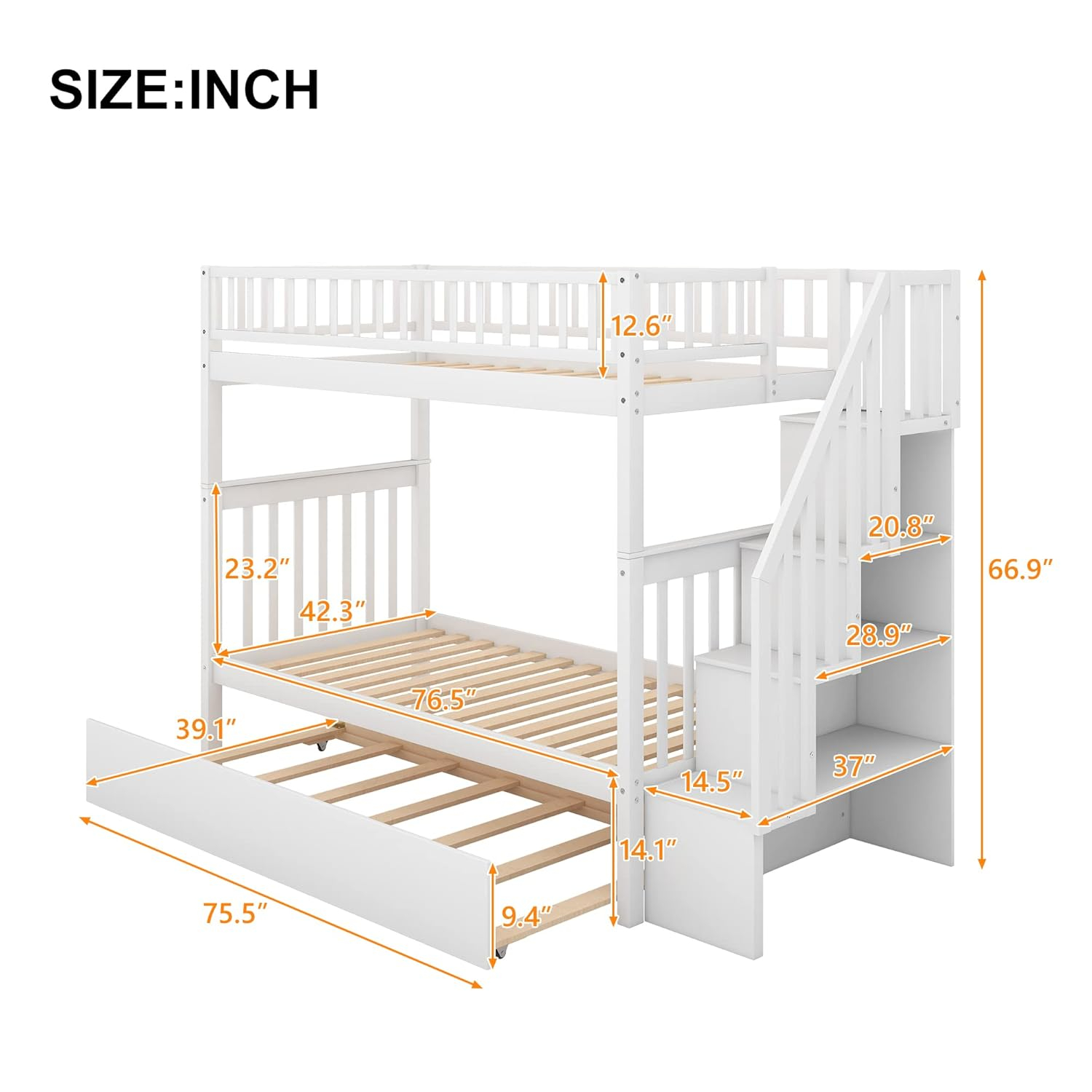 Harper & Bright Designs Solid Wood Bunk Bed Frame with Trundle, Twin Over Twin Loft Bed With Storage Stairways and Guardrails for Kids and Teens